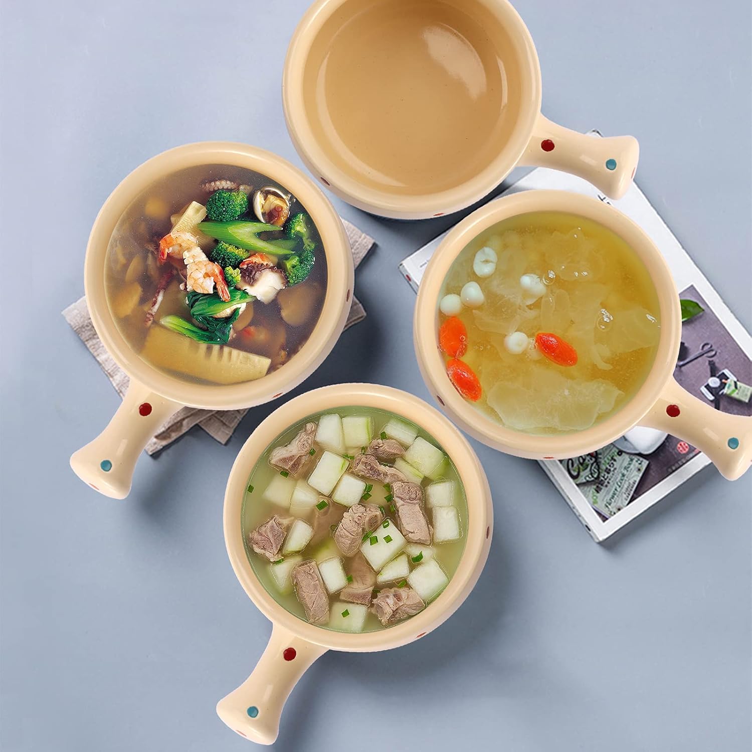  | AVLA 4 Pack Ceramic Soup Bowls, 20 Ounce Porcelain French Onion Soup Crocks with Handles, Stackable Serving Soup Bowl Bakeware for Soup, Stew, Cereal, Chill ( Dot Pattern, Beige ): Soup Bowls