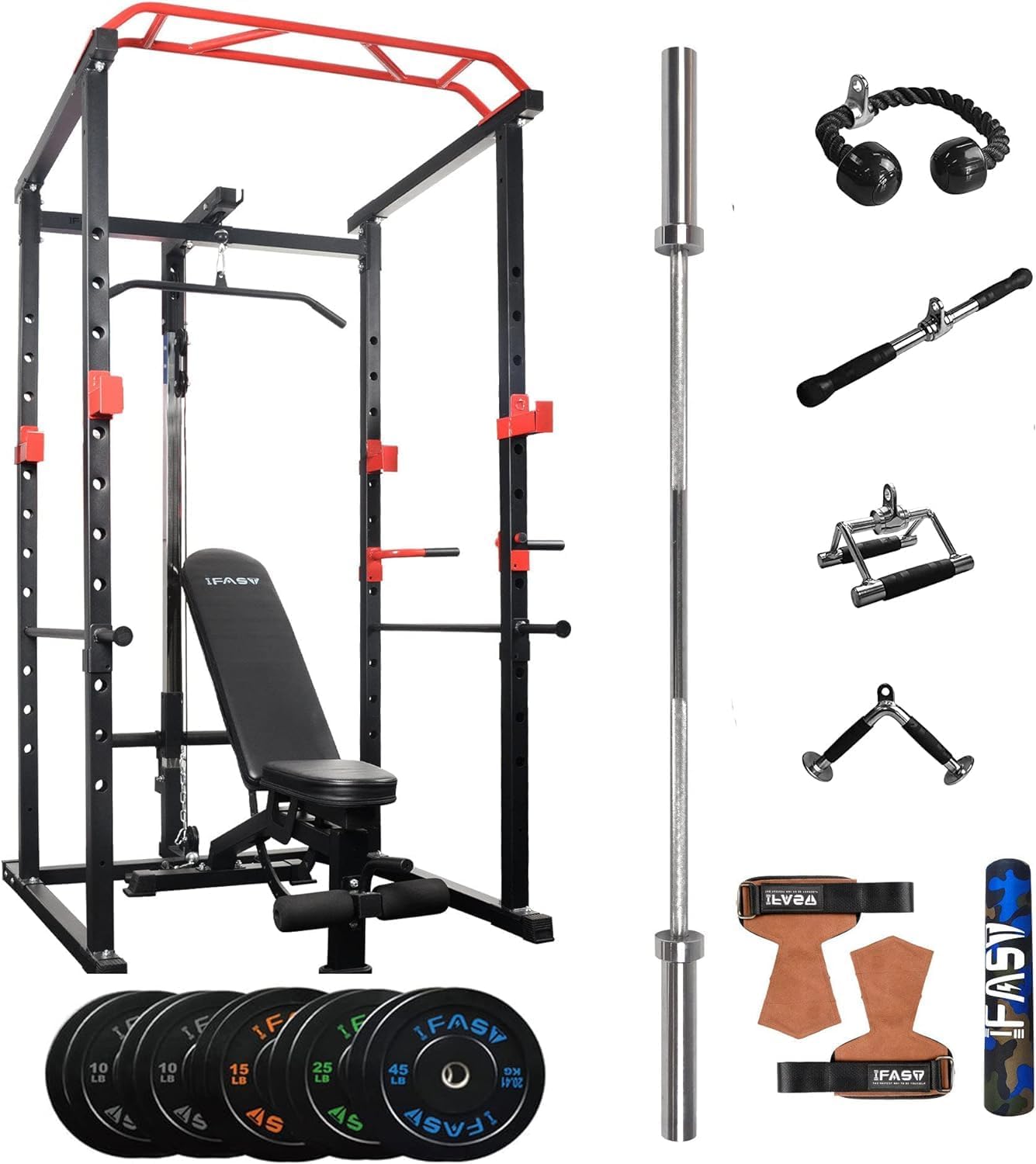 Multi-Functional Home Gym Power Cage | Adjustable Squat & Pull-Up Rack | 1000LBS Capacity | 210LB Weight Plate Set - All-in-One Barbell Rack for Strength Training