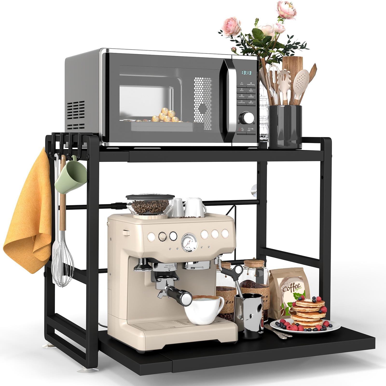 BeSokar Scaffale per microonde a 2 livelli, mensola da cucina estensibile e regolabile in altezza, con cassetto, in acciaio al carbonio, con ganci e ventose di rinforzo inclusi, facile da montare