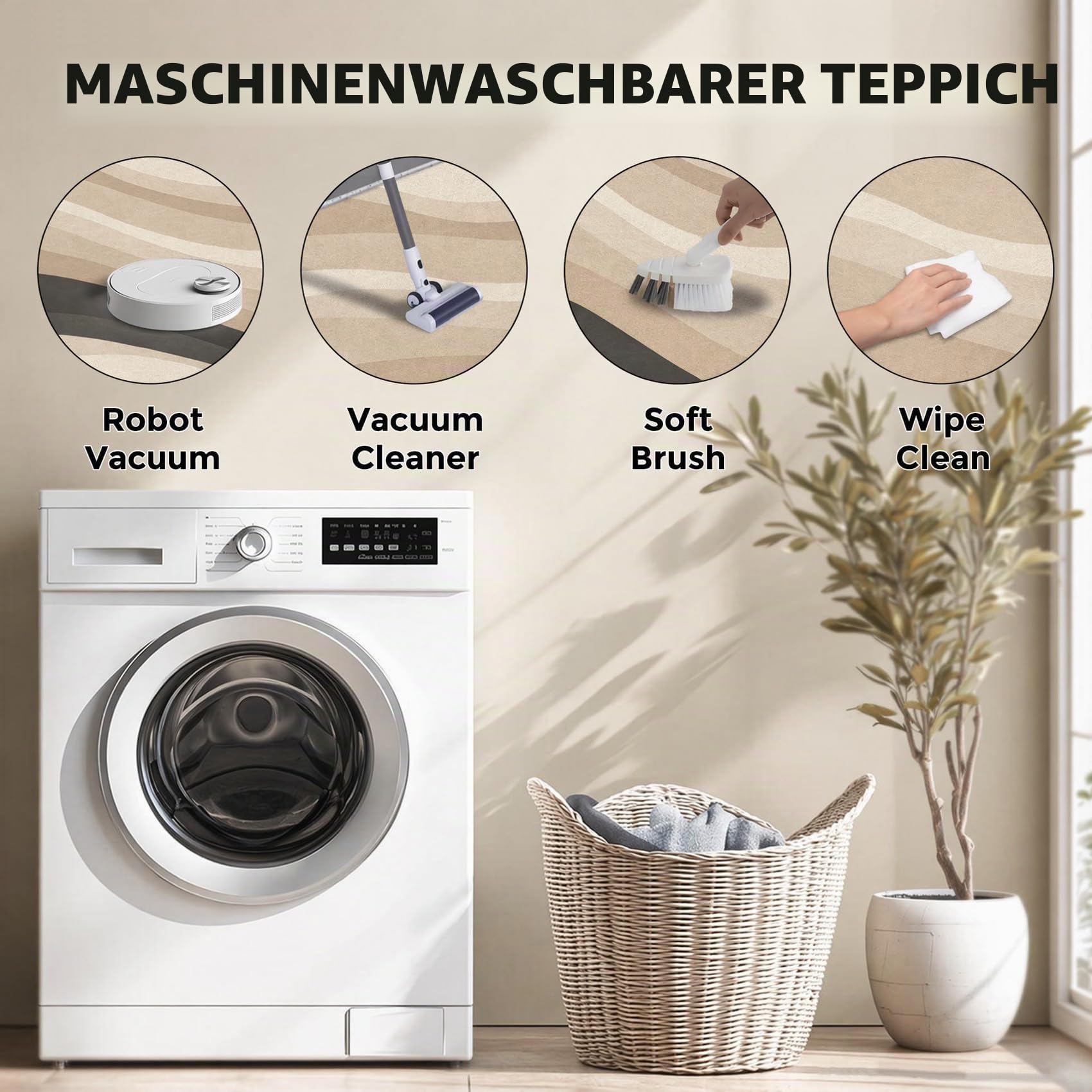 Moderner Teppich Waschbar rutschfest Wellen 130x180cm Terrakotta Grün Beige Bodenmatte Wohnzimmer Schlafzimmer Kurzflor Kaschmir-Optik Erdtöne