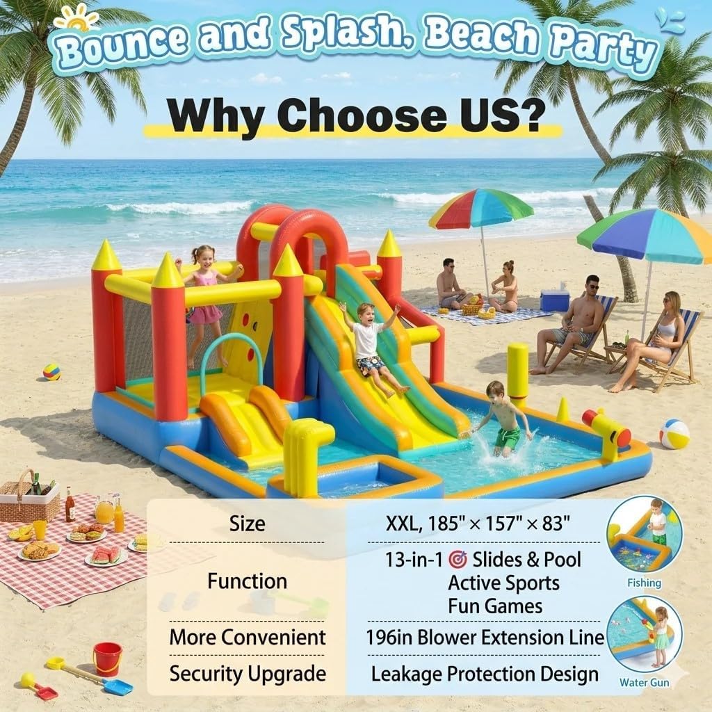 13 in 1 Inflatable Water Slide Bounce House, 185" × 157" × 83" Large Inflatable Bounce Castle for Big Kids 3-6 8-12 with Splash Pool, 2 Slides, Bouncer, Climbing Wall, 550W Blower