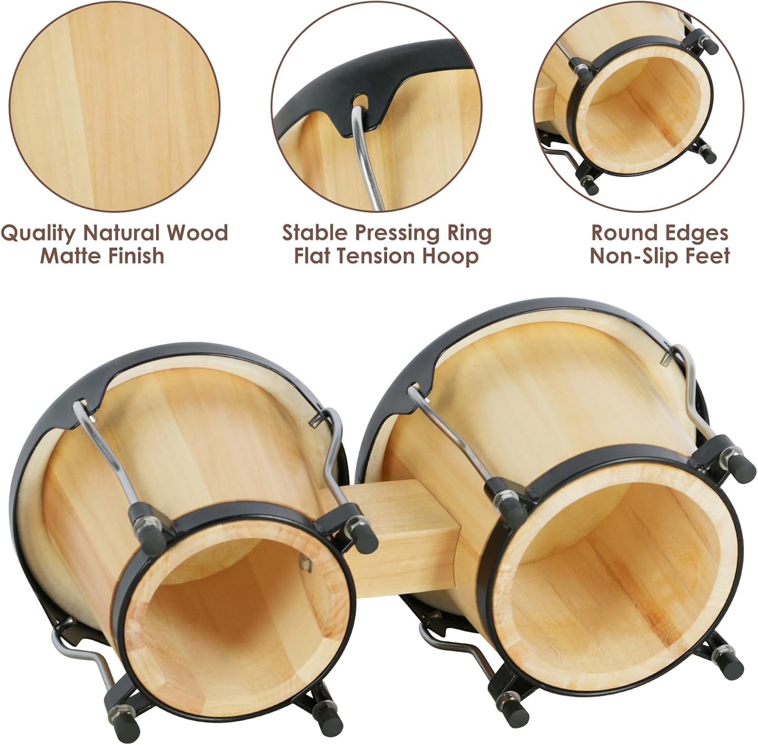 EASTROCK Bongo Drum 6″ and 7″ Set for Beginners Students Adults Professionals, Natural Animal Skin Heads, Solid Wood Shell, Tunable Drum Percussion Instruments Bongos with Bag and Tuning Wrench-Wood