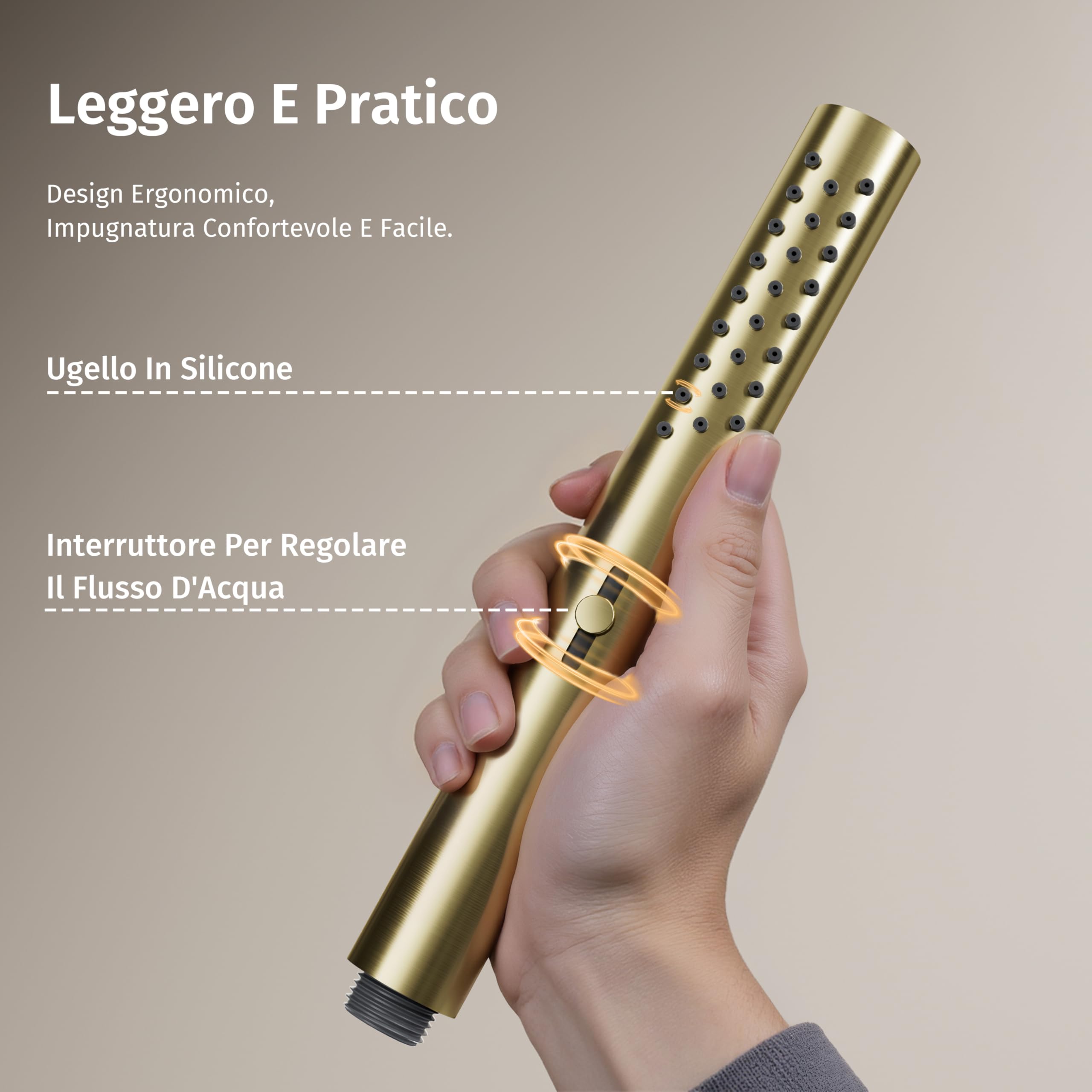 Soffione doccia,Con 2 modalità d'acqua (modalità pioggia e modalità flusso forte),Interfaccia comune,Rotondo Soffione doccia alta pressione,Oro spazzolato,Doccia manuale + flessibile + supporto