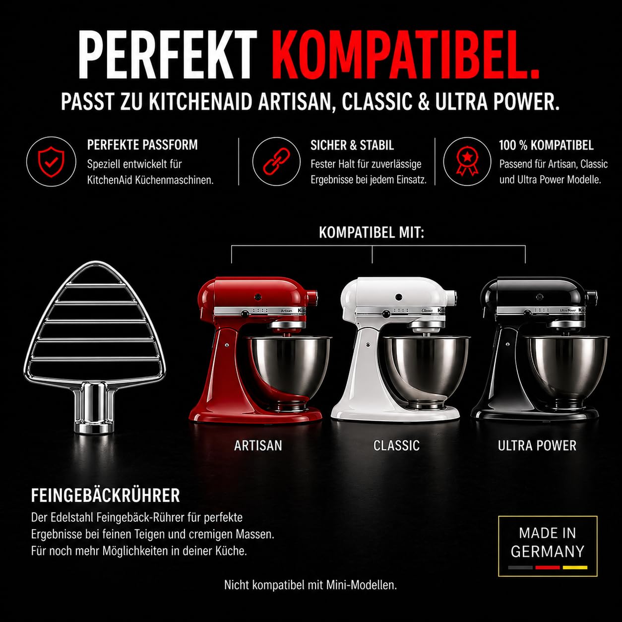 Agitateur à pâtisserie en acier inoxydable pour tous les robots de cuisine KitchenAid avec tête de moteur basculante