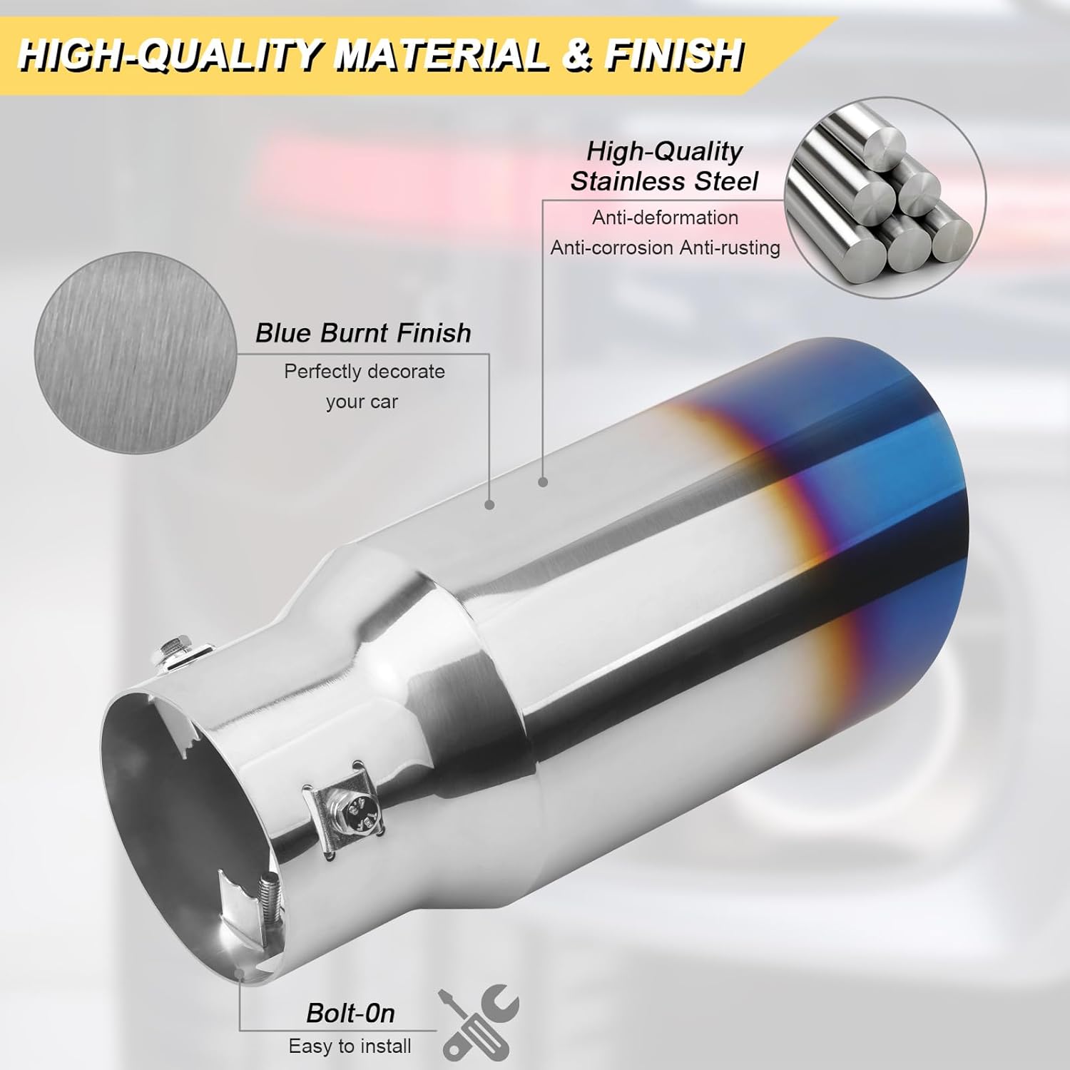 1.5"-2.5" Inlet Adjustable Exhaust Tip, 4" Outlet 9" Overall Length, Blue Burnt Stainless Steel Tail Pipe, Bolt-On (fit for 1.5"/ 1.75"/ 2.0"/ 2.25"/ 2.5" OD Tailpipe)