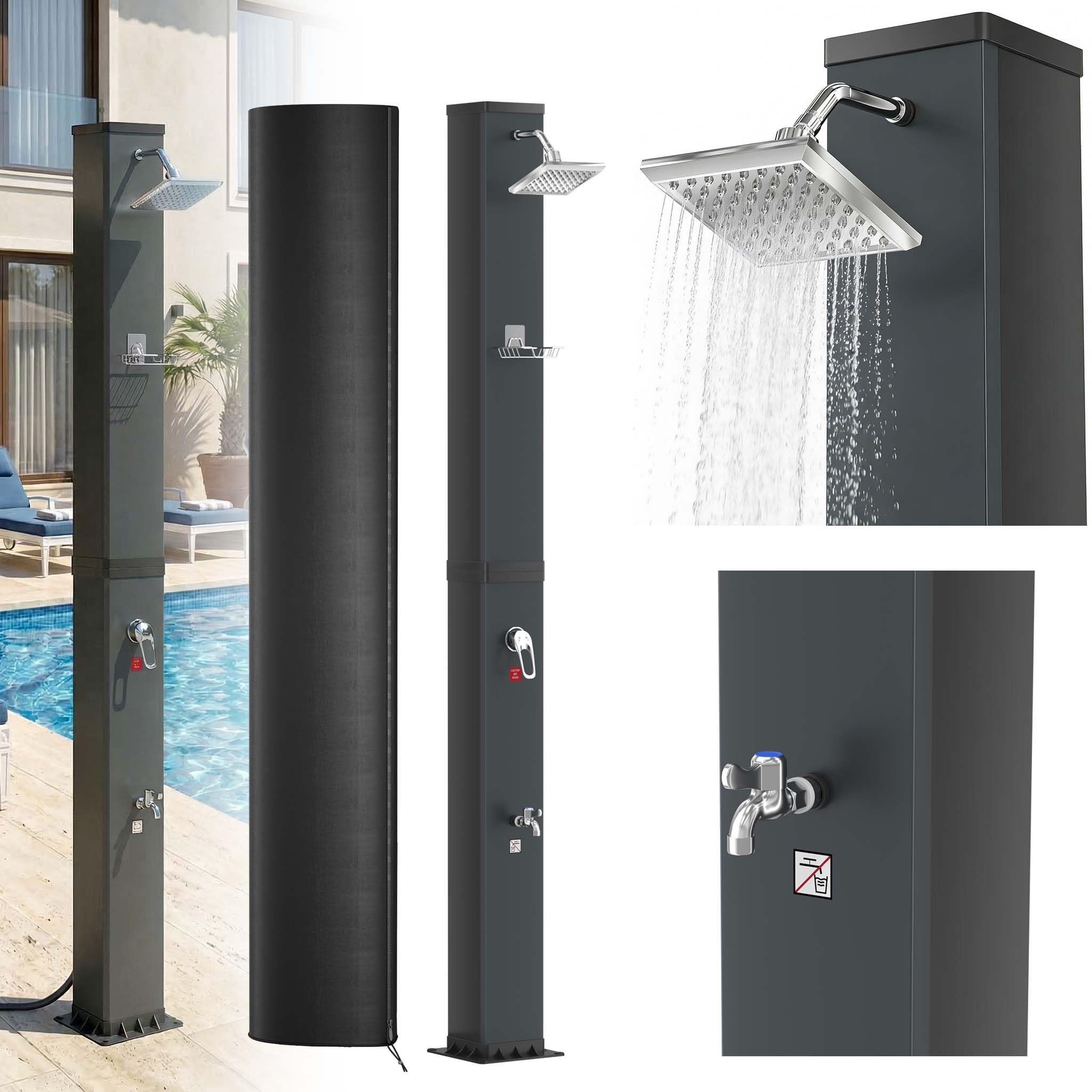 XMTECH Ducha solar de 40 litros para jardín hasta 60 °C, color negro, ducha exterior con cabezal de ducha de lluvia de 360°, ducha de mano, ducha de pies, sin electricidad, para jardín, piscina