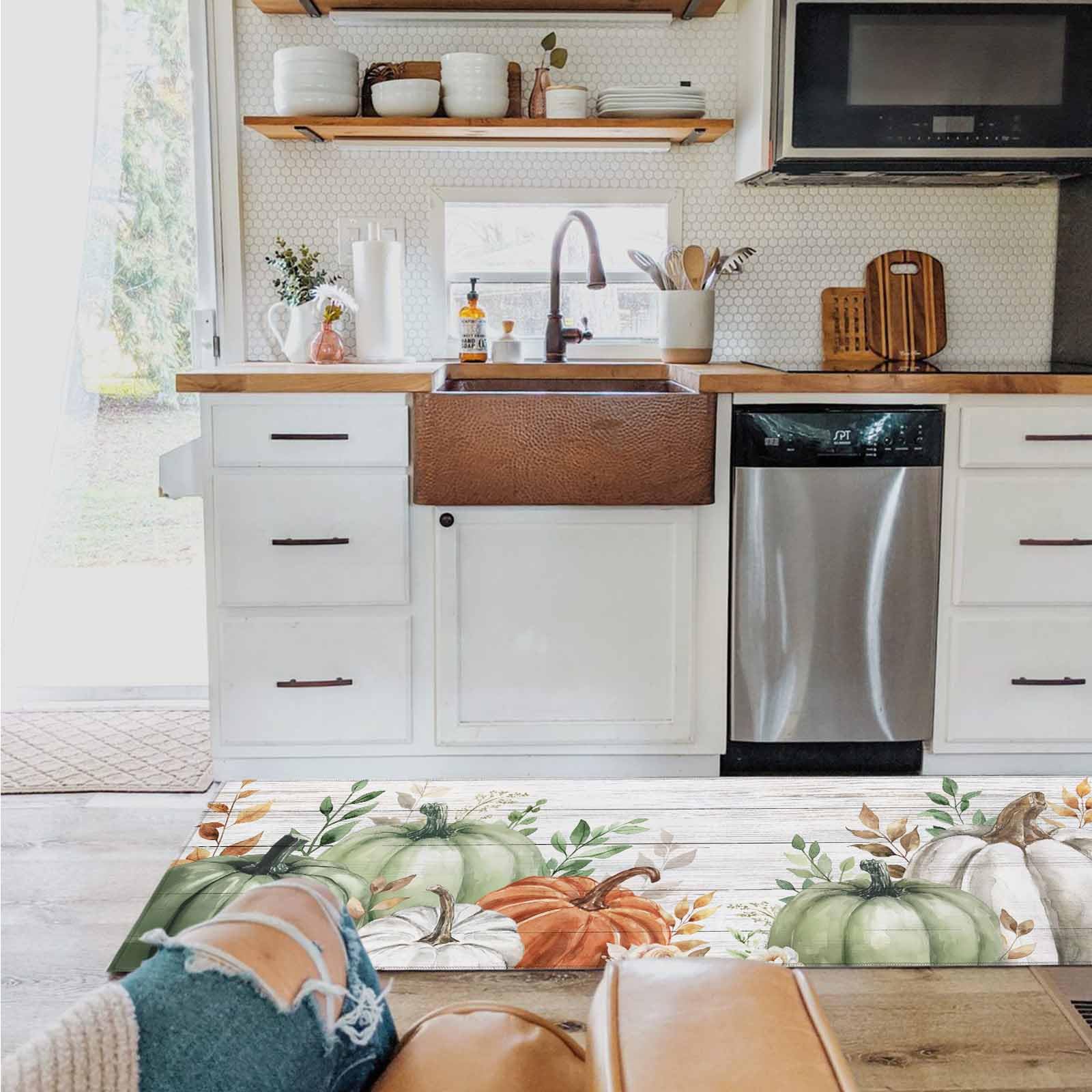 BABE MAPS Sage Green Pumpkin Kitchen Rugs 2Pcs Fall Green Orange Autumn Leaves Wooden Absorbent Non Slip Kitchen Mats and Rugs Thanksgiving Kitchen Floor Mats for Sink Laundry 15.7x23.6in+15.7x47.2in