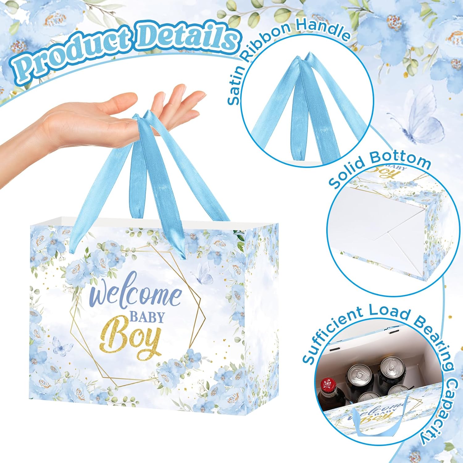 Woosytoo Welcome Baby Boy Gift Bag Blue Floral Wrapping Bag with Greeting Card and Tissue Paper Gender Reveal Baby Boy Treat Candy Bag for Baby Shower Gender Reveal Birthday Party Supplies image 4
