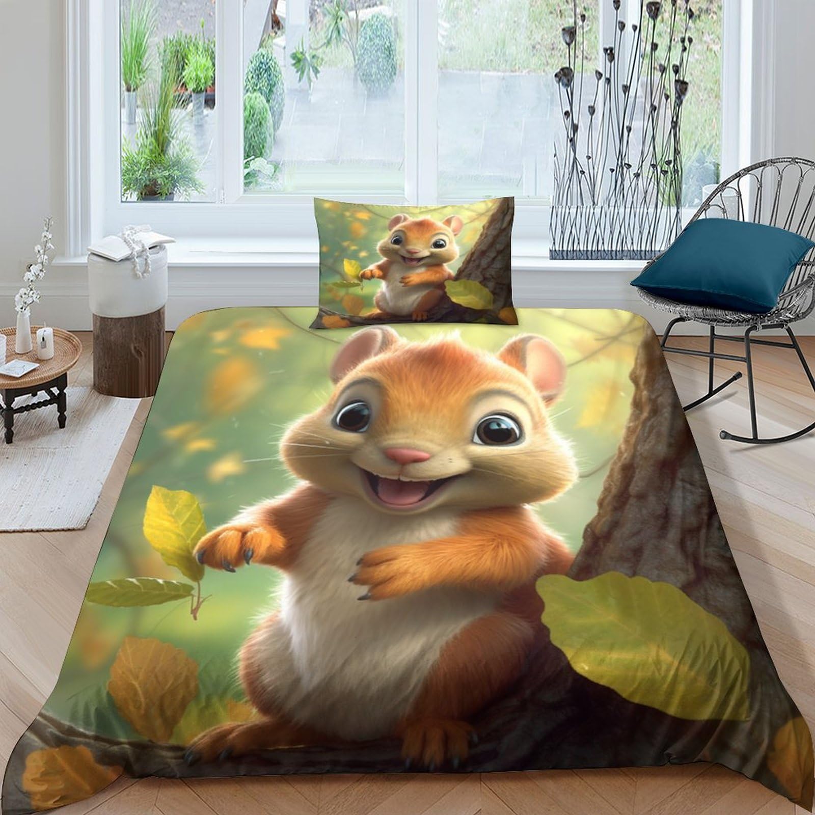 Housse de couette écureuil 3D parure de lit dessin animé pour chambre enfant et ado cosy
