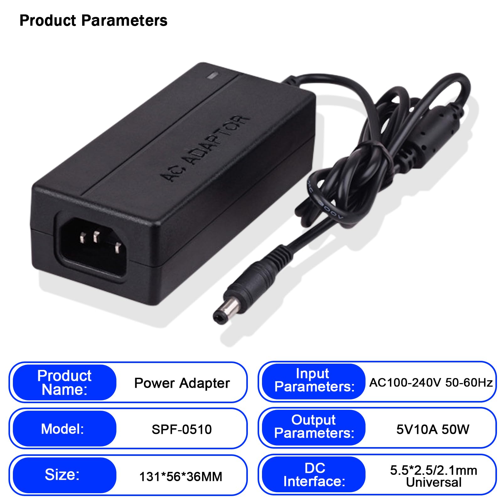 Alimentatore 5V 10A 50W, Adattatore di Alimentazione AC 100-240V a DC 5V, Trasformatore Stabilizzato con Spina UE, Interfaccia 5.5x2.5mm per Telecamere CCTV, Strisce LED, Dispositivi Elettronici