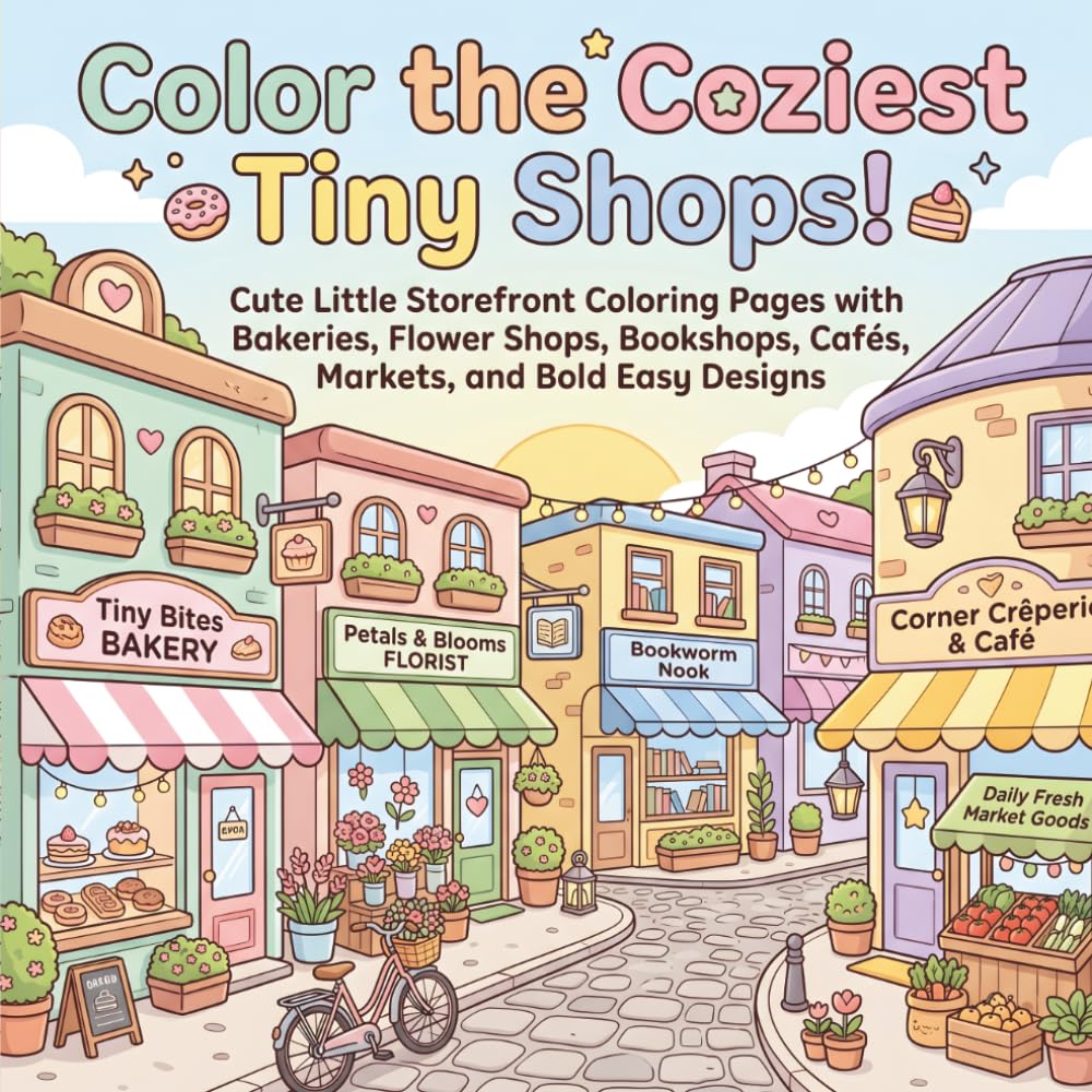 Color the Coziest Tiny Shops!: Cute Little Storefront Coloring Pages with Bakeries, Flower Shops, Bookshops, Cafés, Markets, and Bold Easy Designs for Kids, Teens, and Adults