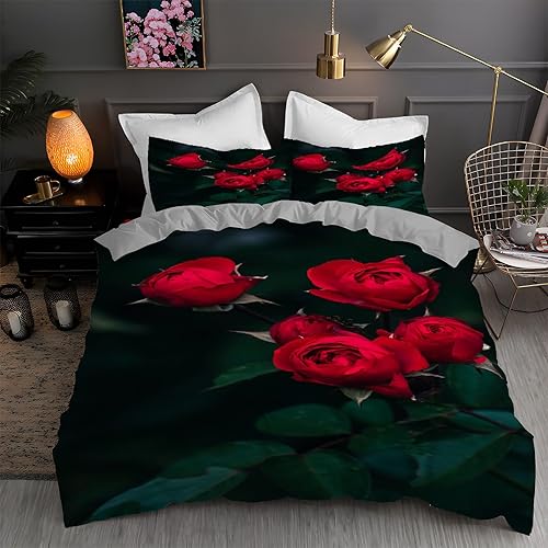 Tender and Beautiful Duvet Cover Full Roses Print Bedding Sets Full Soft Microfiber Comforter Cover and 2 Pillow Shams 20"X26", Bed Set Duvet Covers