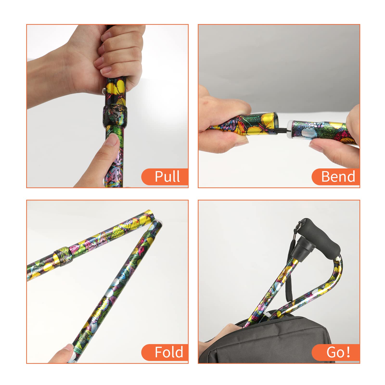 Bastón plegable YOKABOZE bastón ajustable y ligero de aluminio para hombres y mujeres, bastón de ayuda a la movilidad (flores de mariposa)