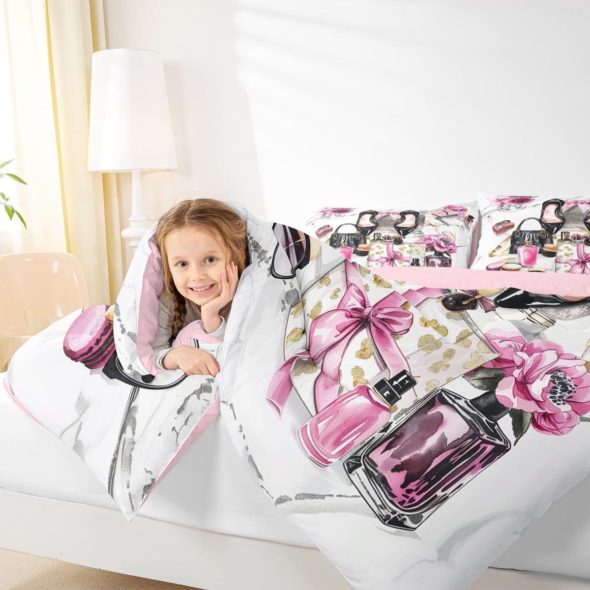 Erosebridal Pink Queen Comforter Set Cute Flower Girly Bedding Set Bow Coquette Sweet Bed Sets Modern Magazine Silver High Heel Girls Women Duvet Insert Preppy Makeup Romantic Fantasy Room Decor