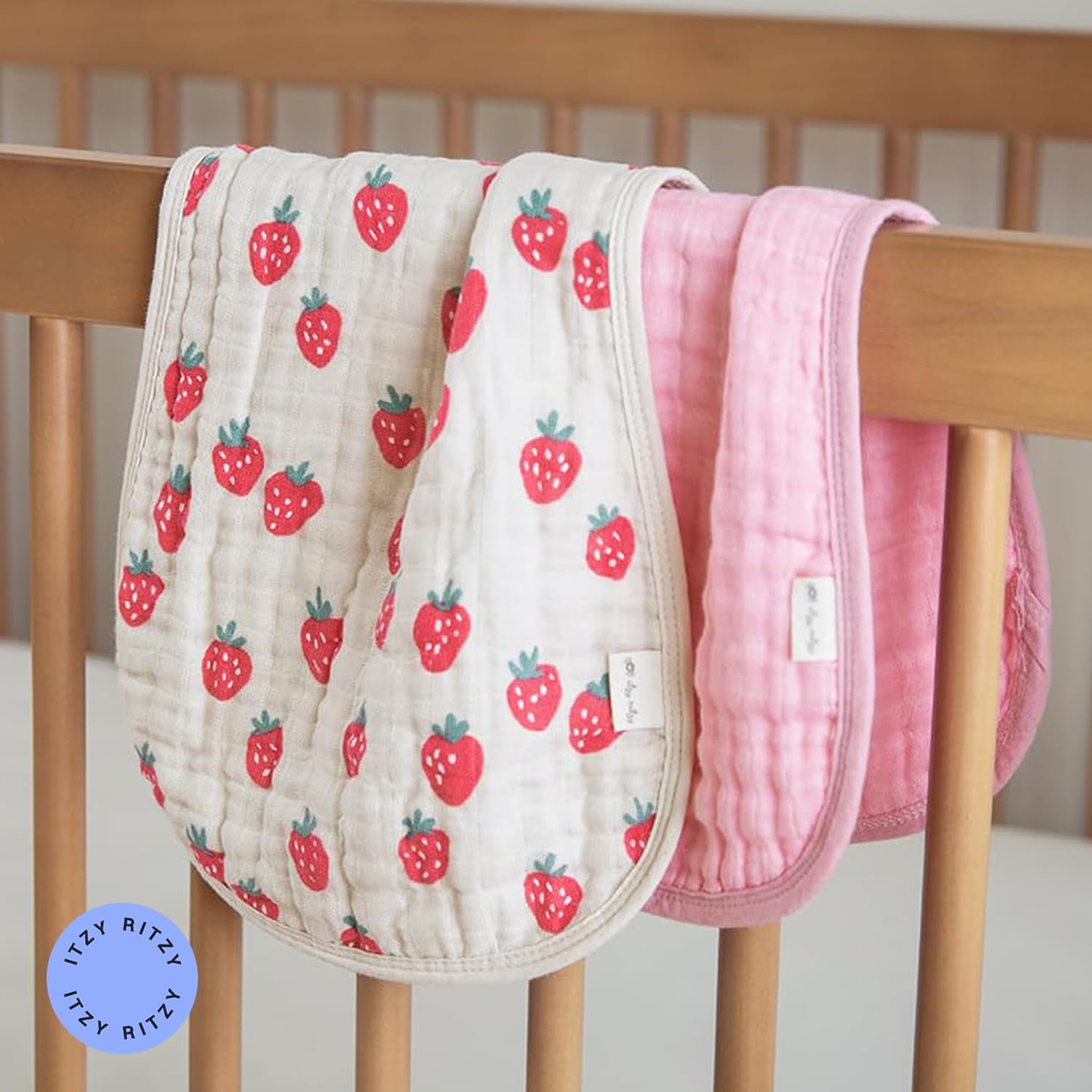 Itzy Ritzy Set of 2 Baby Burp Cloths – Ultra-Soft Absorbent Burping Cloths for Babies - Made of 100% Cotton Muslin and Generously Sized with Trendy Coordinating Prints – Machine Washable (Strawberry) - Image 7