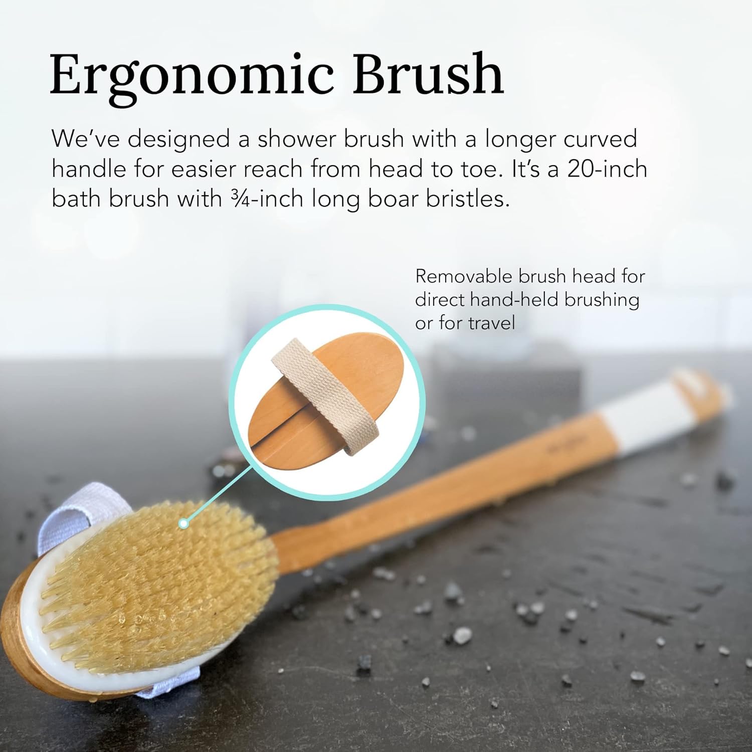 Shower Brush - 20 inch - Long Handle Bath Brush for Exfoliating, Detachable Natural Bristle Back Scrubber. Men Love This! Makes a Great Gift! : Beauty & Personal Care