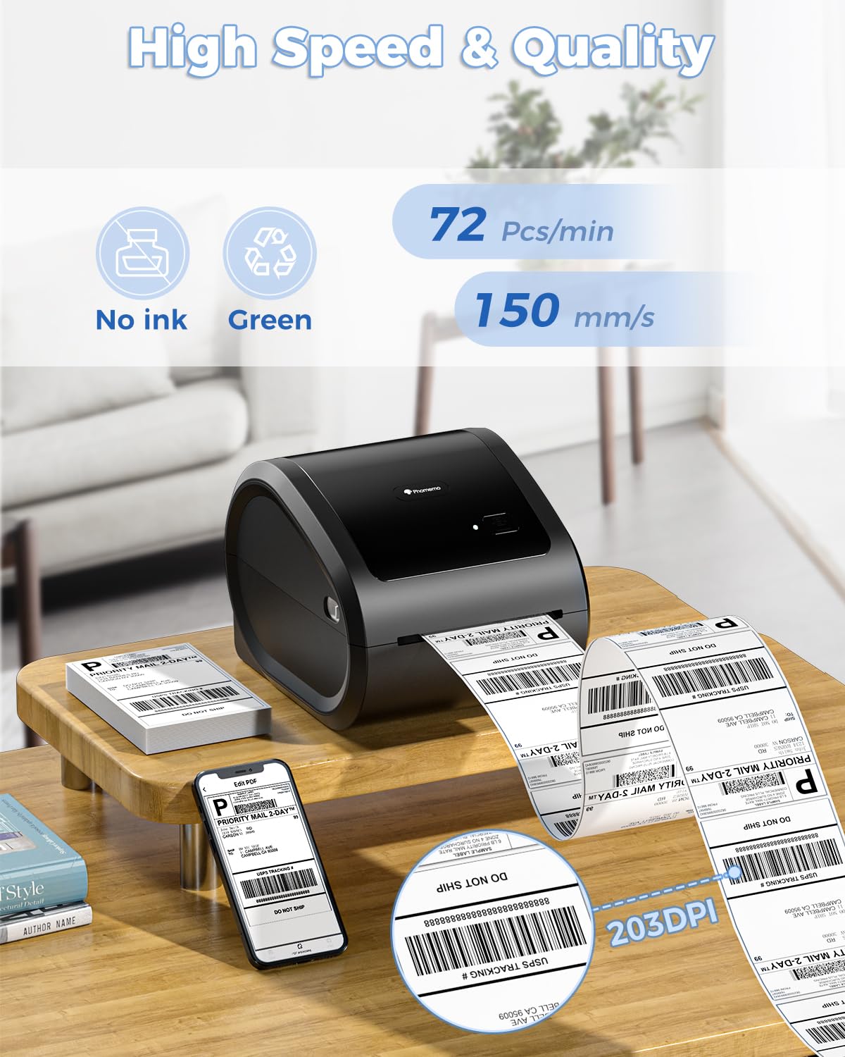 Phomemo Bluetooth Termiczna Drukarka Etykiet,D520BT Drukarka Etykiet Adresowych 4x6,Bezprzewodowa Drukarka Etykiet do Opakowań,Przesyłek,Logo,Kompatybilny z Ebay,Etsy,Amazon,Shopify Itp(Cały Czarny)