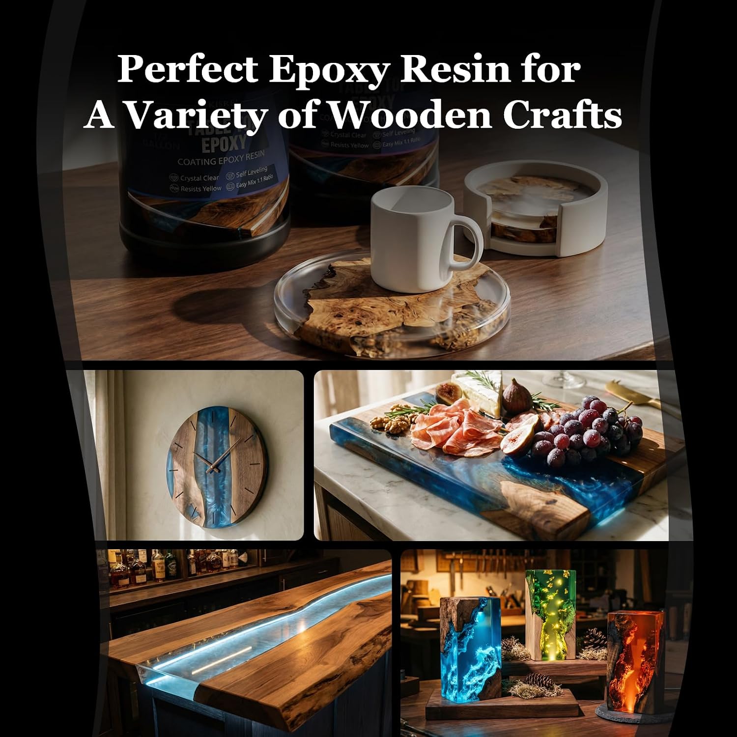 KISREL Table Top Epoxy Resin Kit 1 Gallon (1:1 ratio) - Crystal Clear Epoxy with High Gloss, UV-Resistance & Self Leveling for Bar and Table Top, Wood Coating, Resin Art, Use with Pigment, Alcohol Ink