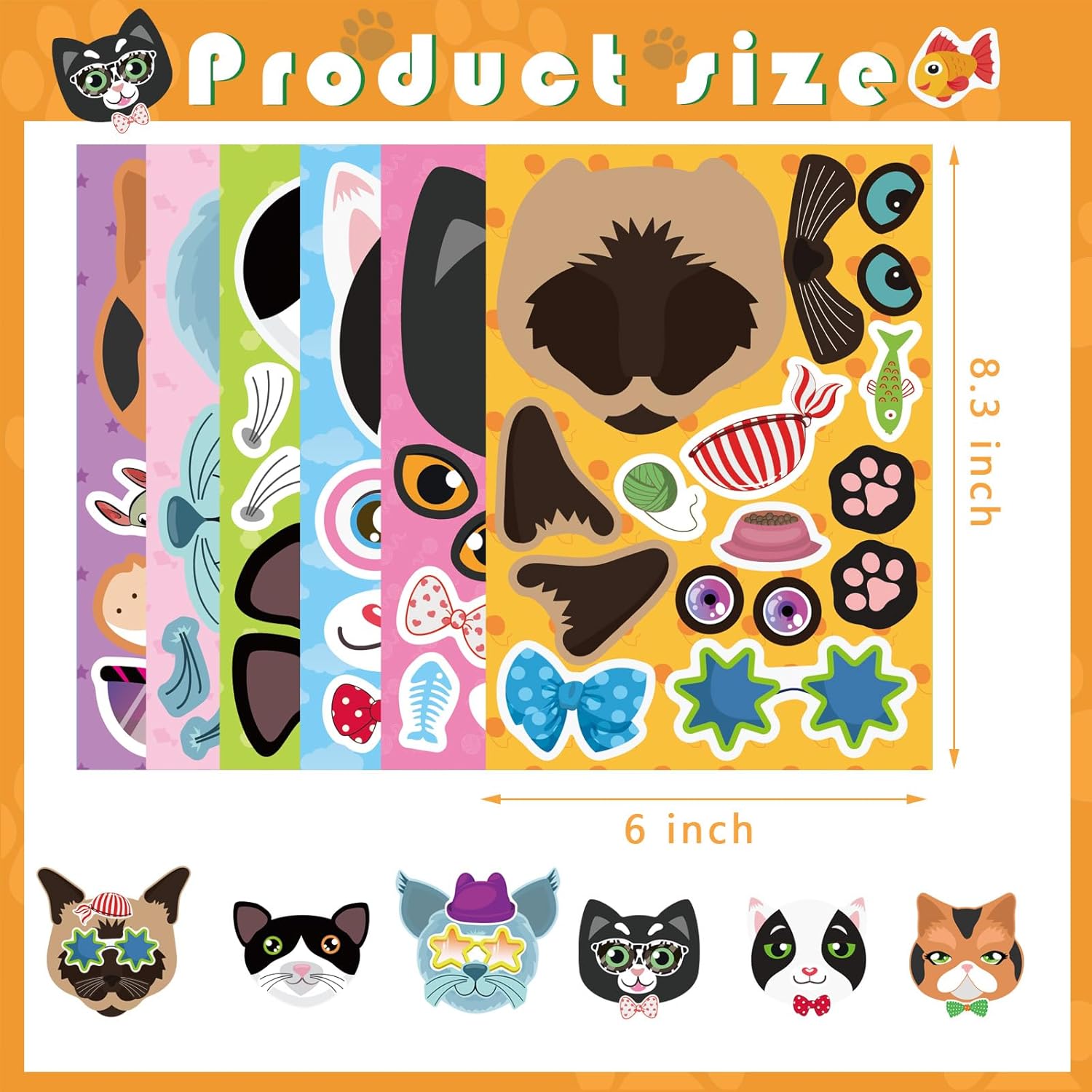 Jovial & Joyful 36 Sheets Create Your Own Cat Stickers, Multicolor Cartoon Cat Themed Kids Stickers, Vinyl Material, Perfect for Scrapbook, Laptop, Water Bottle, Paper, Plastic, Glass Surfaces