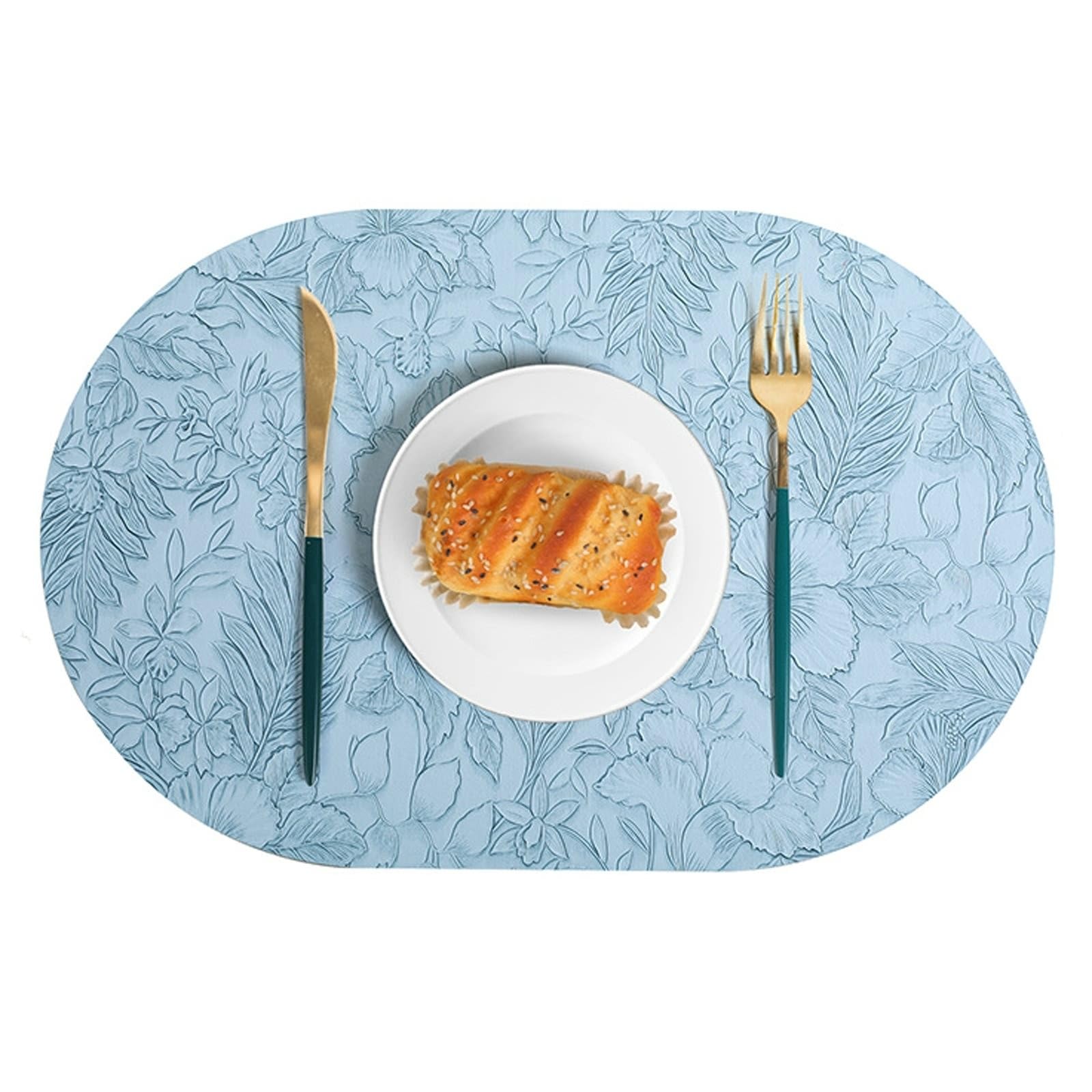 Set de table ovale bleu ciel protecteur anti-tache à motif fleuri pour table de repas