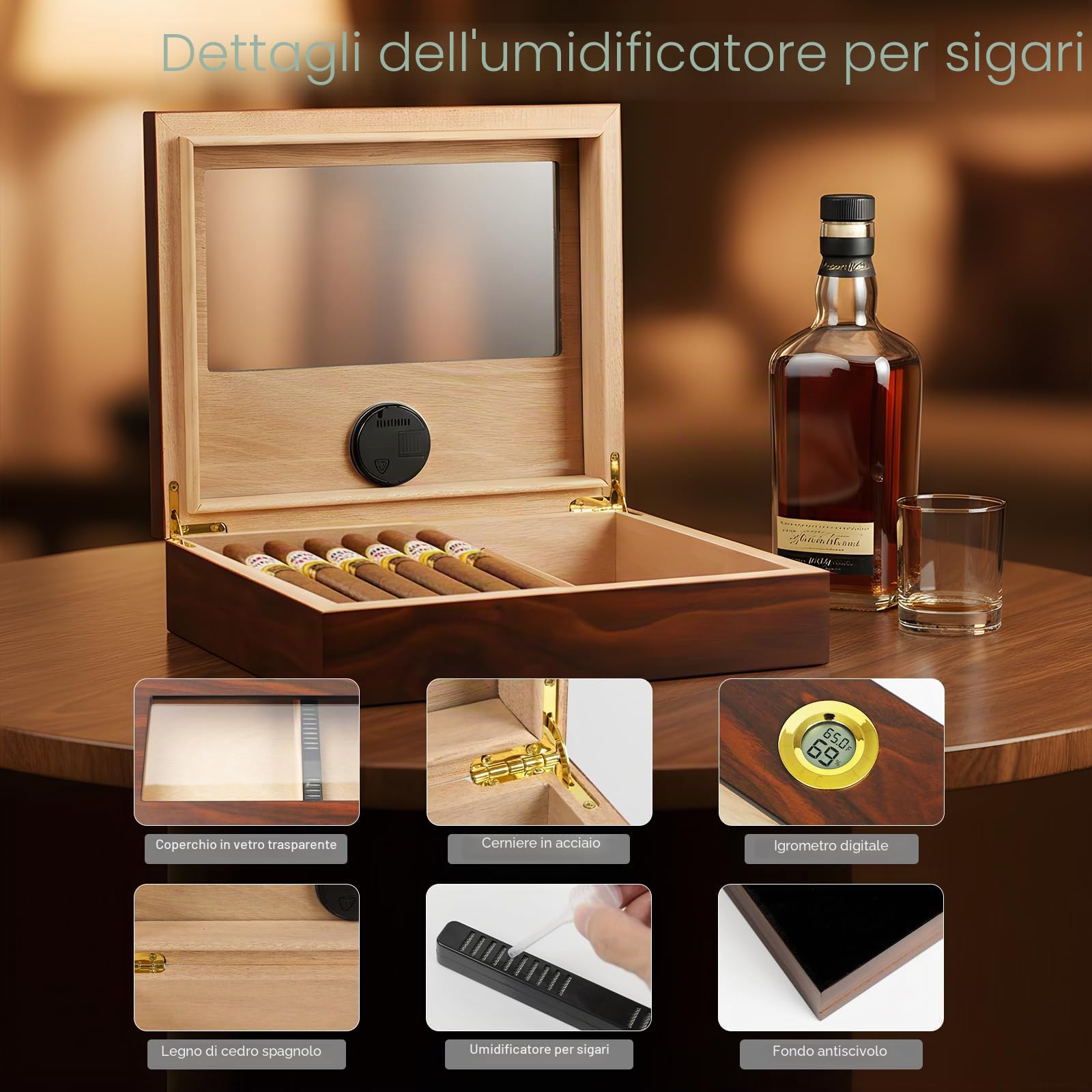 Umidificatore per sigari, Dayear umidificatore da tavolo per sigari, scatola per 15-20 sigari (i sigari non sono inclusi), scatola per sigari in legno artigianale con igrometro e umidificatore