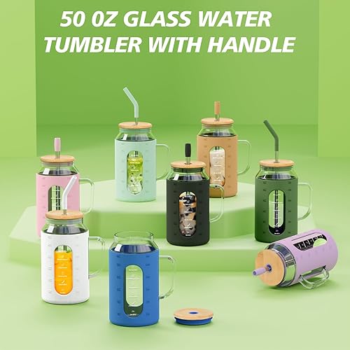 Miniatura 7 de Vaso de vidrio de 50 onzas con asa, botellas de agua de vidrio con popote y tapa de bambú, vaso de agua motivacional con marcador de tiempo, funda