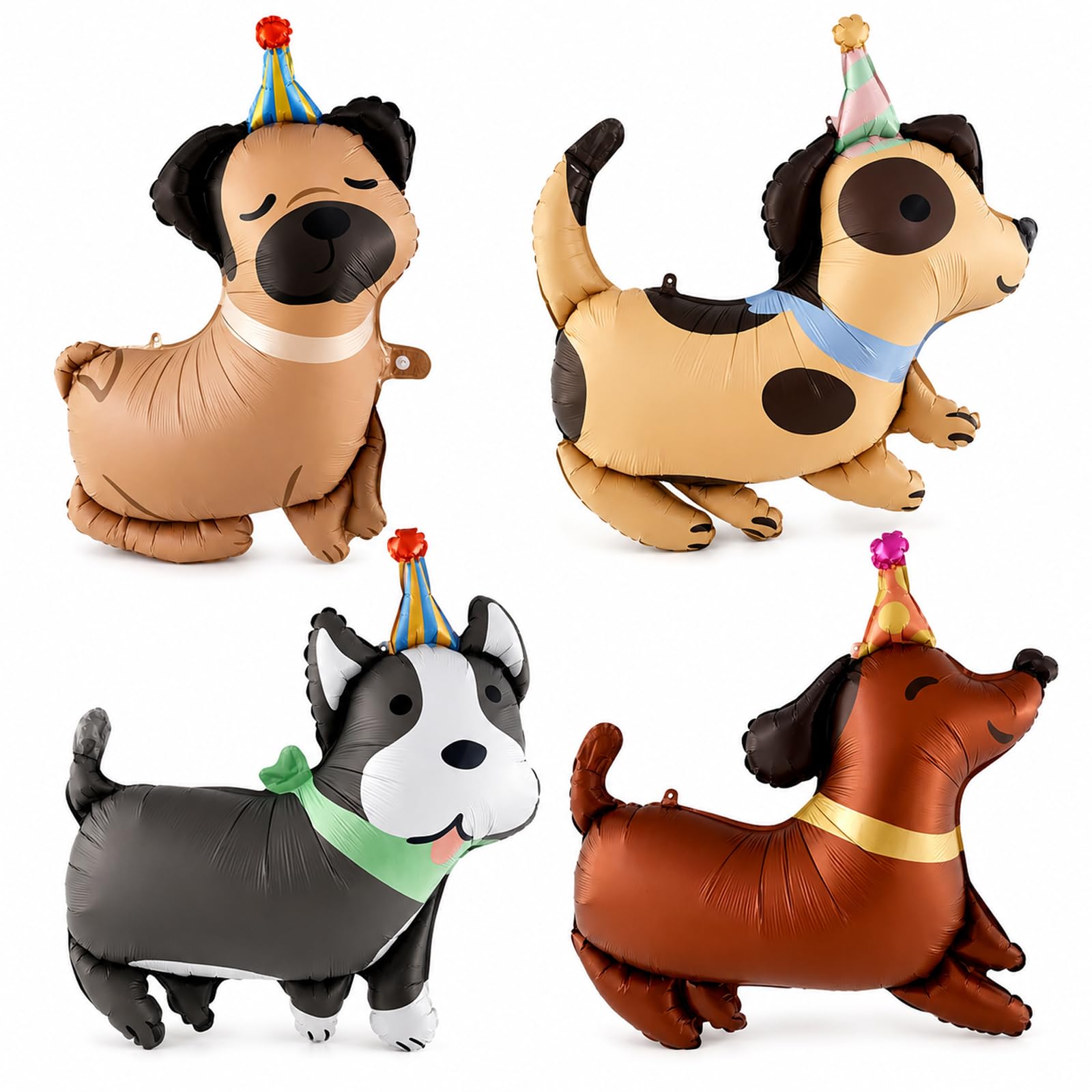 Bolosa Dog Foil Balloons 4 Pack, Puppy Party Decorations with Husky, Pug, Dachshund & Spotted Pup, Large Dog Birthday Party Decorations for Kids, Pet Parties & Photo Backdrop Decor