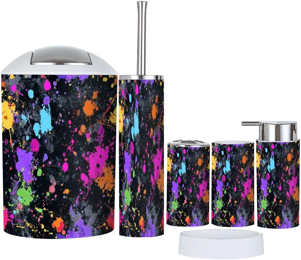 Bathroom Accessory Set 6 Piece Boho Abstract Color Splash Seamless NO Spray Paint Trash Can, Toothbrush Holder, Soap Dispenser, Soap Dish, Toothbrush Cup, Toilet Brush Holder