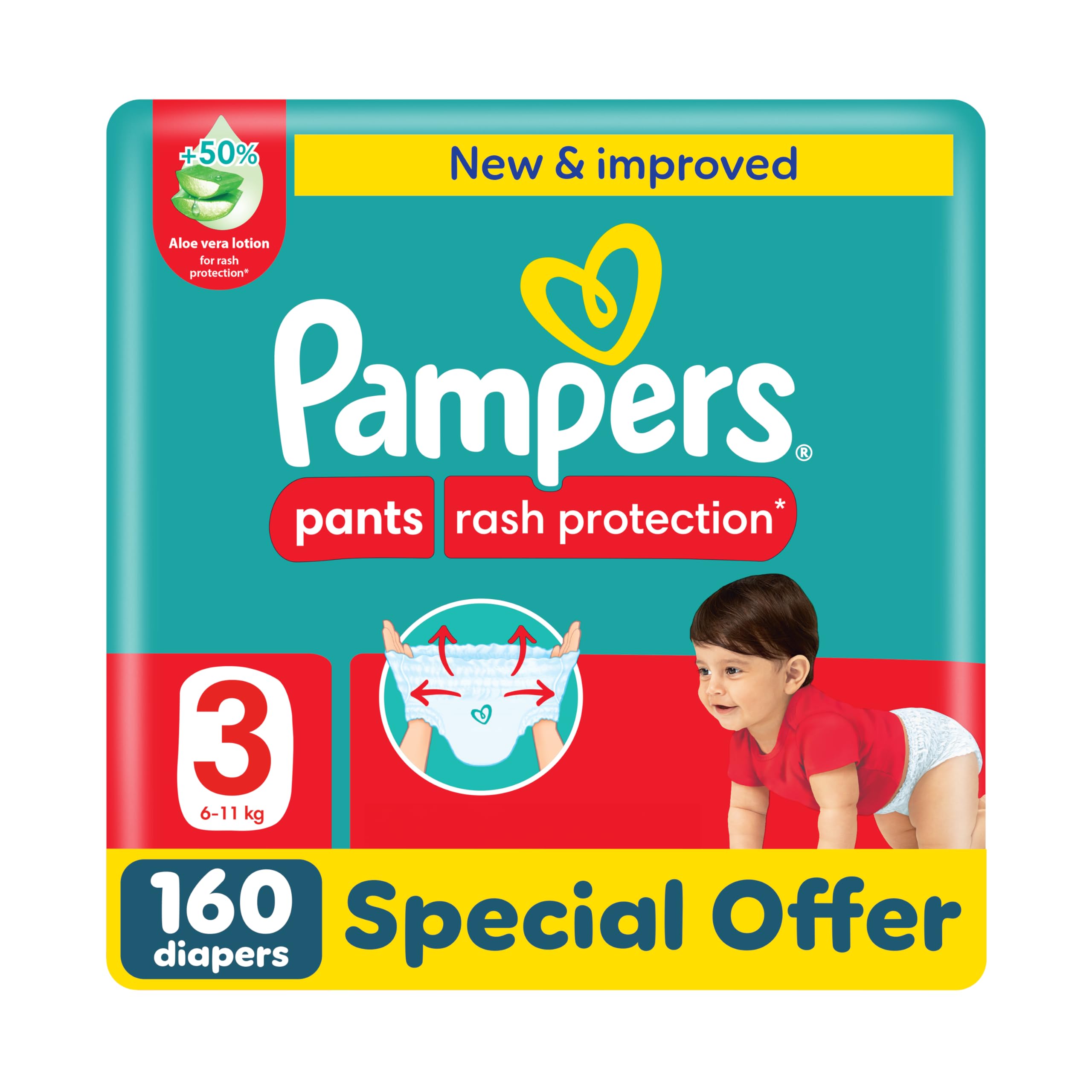 Rash Protection Pants Diapers, Size 3, 6-11kg, +50% Aloe Vera Lotion, 360° Leak-Free Fit for up to 100% Leakage Protection, Giant Pack, 160 Count