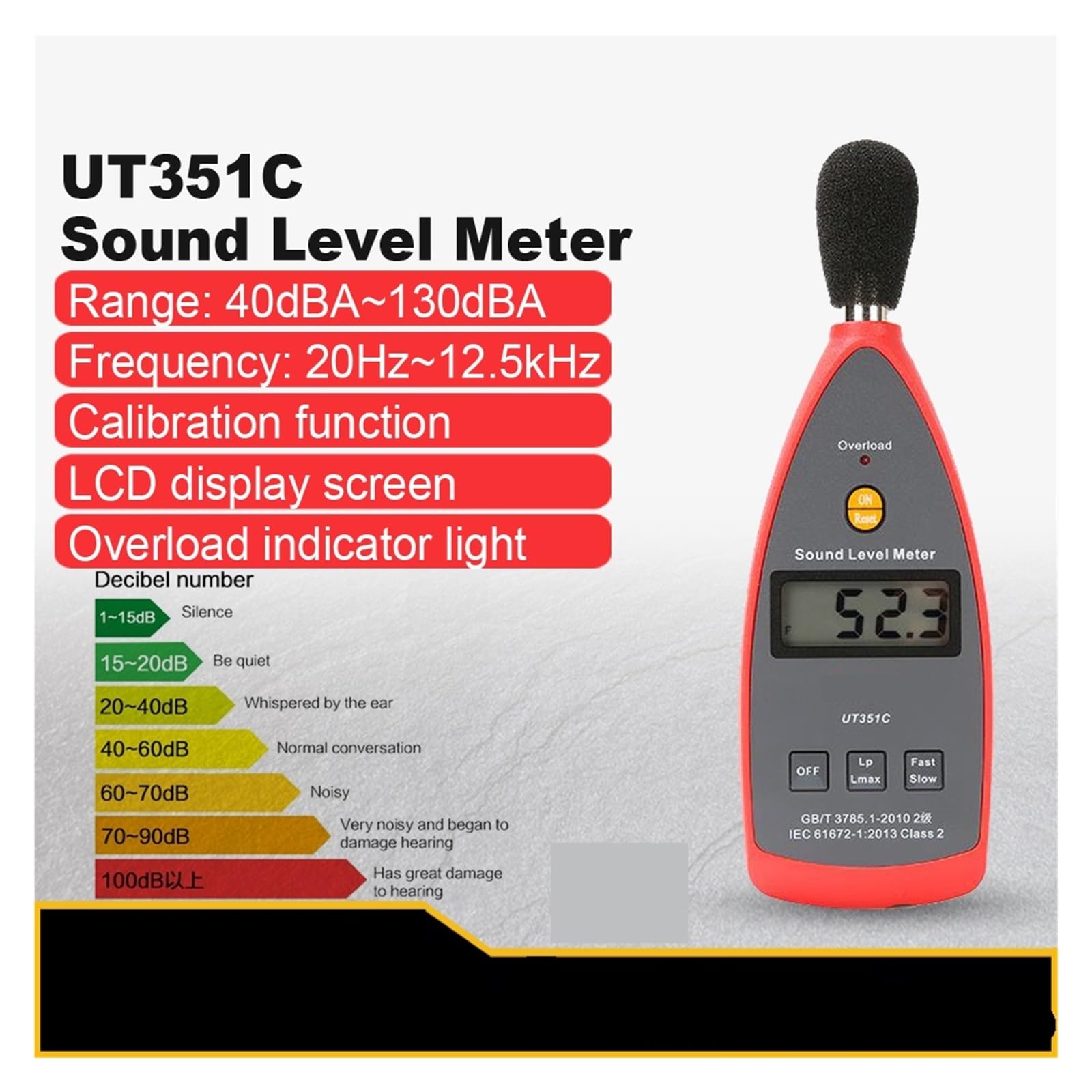 Fonometro, UT351C 40dBA~1h30dBA Misuratore di rumore digitale livello sonoro Volume Decibel Meter Rilevatore test