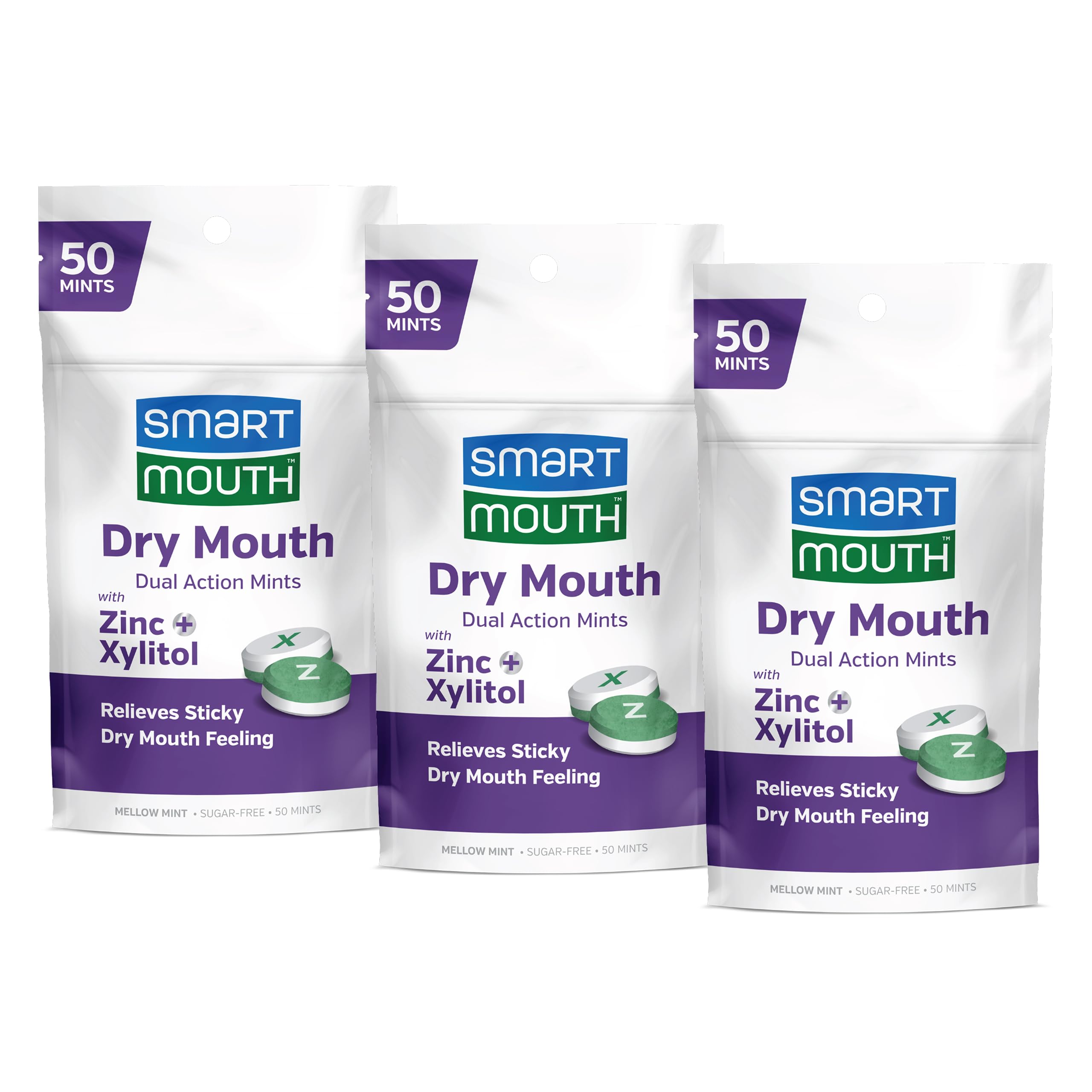 Dry Mouth Dual-Action Mints - Sugar-Free Breath Mints - 50 Count, 3 Pack, Mellow Mint