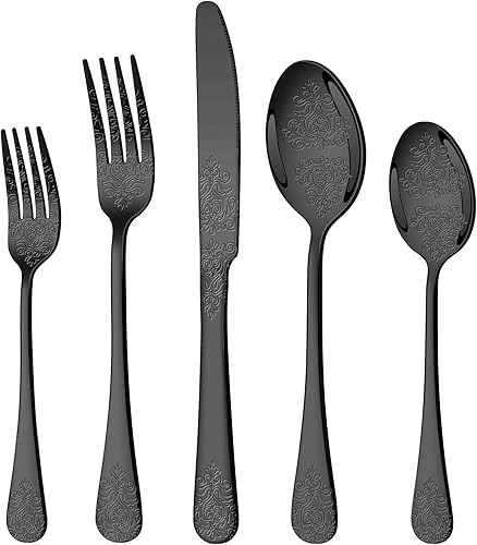 Juego de cubiertos negros de 20 piezas para 4 personas con diseño clásico de flores en relieve, juego de cubiertos de acero inoxidable de grado