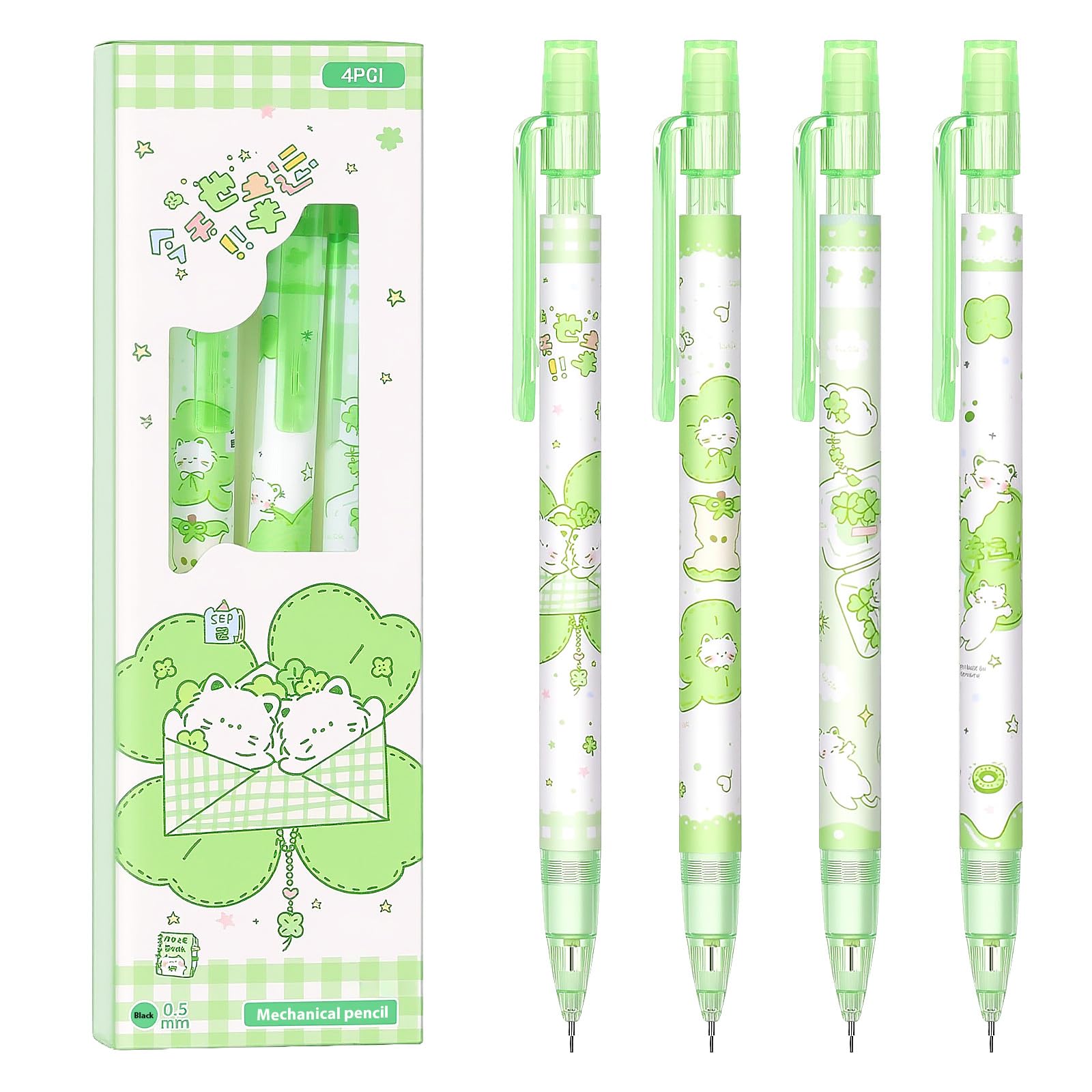 Lot de 4 porte-mines motif trèfle vert de 0,5 mm - Crayons kawaii pour l'école, le bureau, les femmes