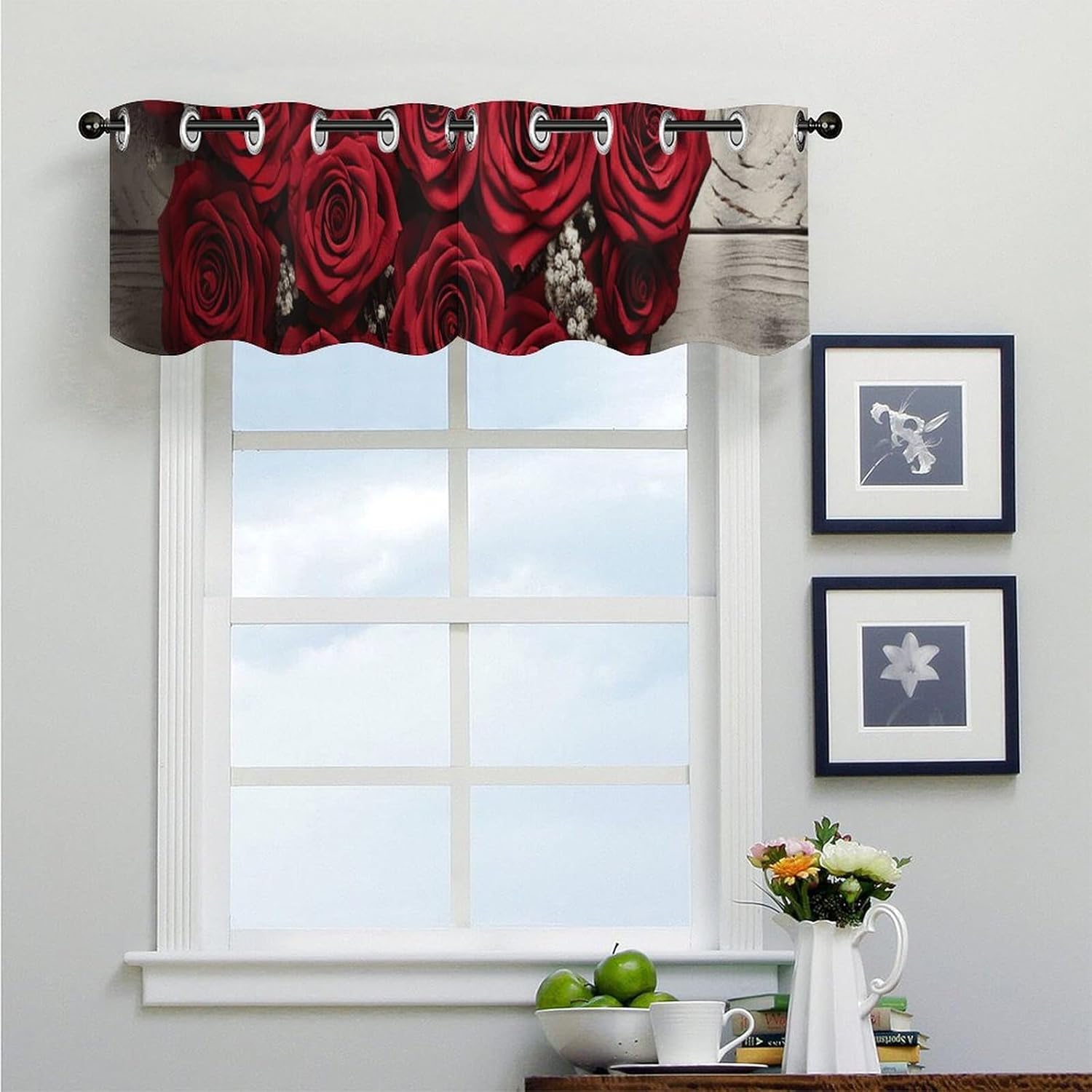 Red Heart-Shaped Roses Valances for Window 2 Panels. Light Filtering Curtains Farmhouse Short Small Valance.Modern Curtains for Windows Living Room Kitchen Over Sink.