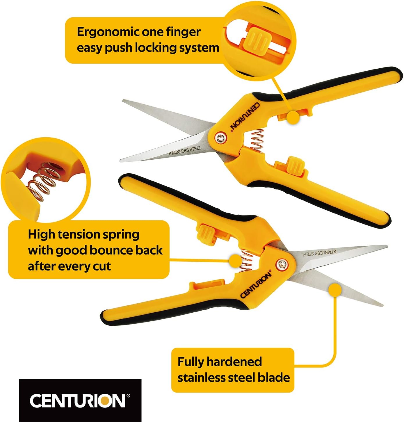 Centurion 201 Hand Pruner Shears, 2-Piece Set, 6½" Straight & Upward Curved Stainless Steel Blades, Hardened & Precision Ground, Ideal for Indoor and Outdoor Gardening, Trimming, and Precision Cutting