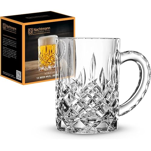 Nachtmann Noblesse Collection Beer Mug with Handle - 21.2oz Clear Crystal Glass | Elegant Big Drinking Cup for Beer Lovers, Home Bar Accessories | Dishwasher Safe