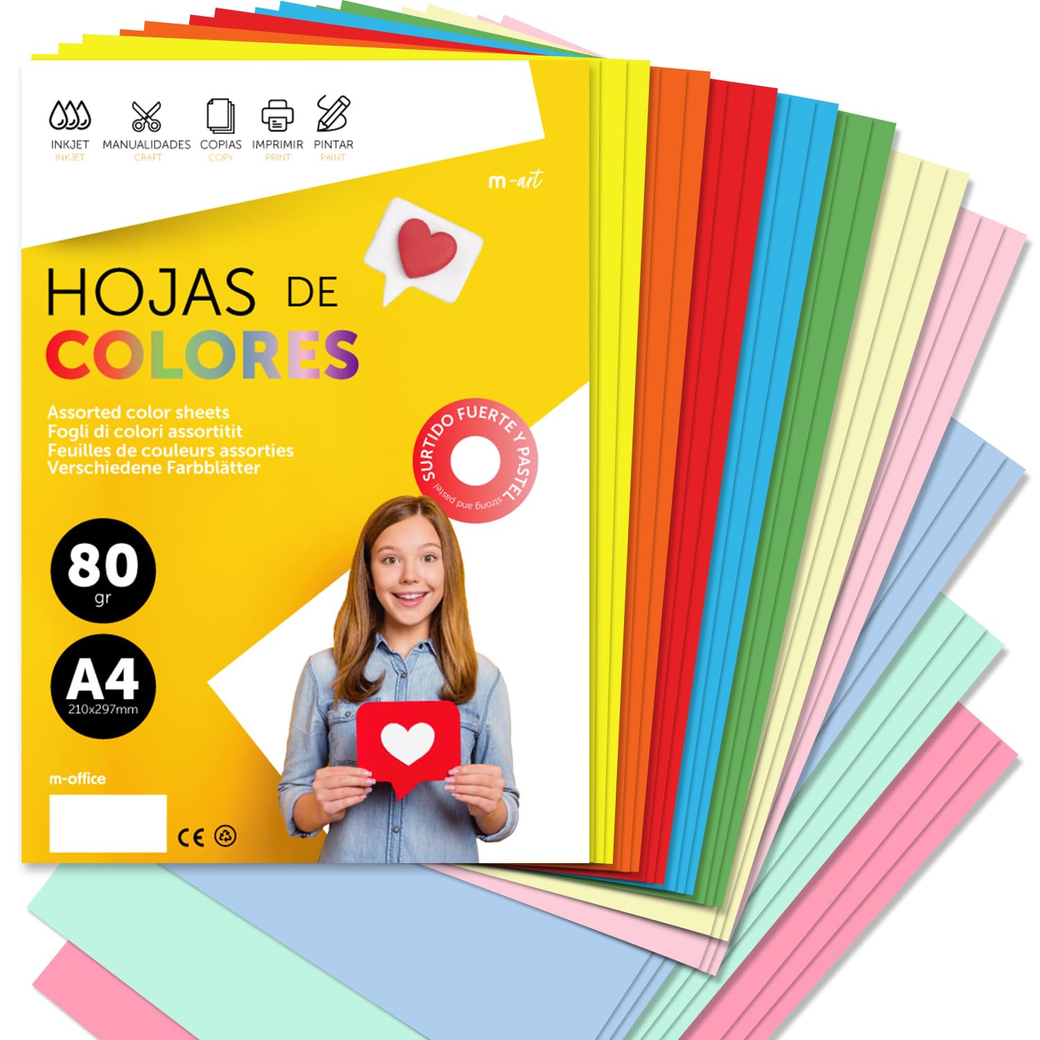 Folios de colores A4, Papel colorido 80gr ideal para hacer Manualidades, de Colores para Imprimir tus Documentos y Diseños Creativos, Folios A4 · m-office (50h, Surtido Fuerte+Pastel)