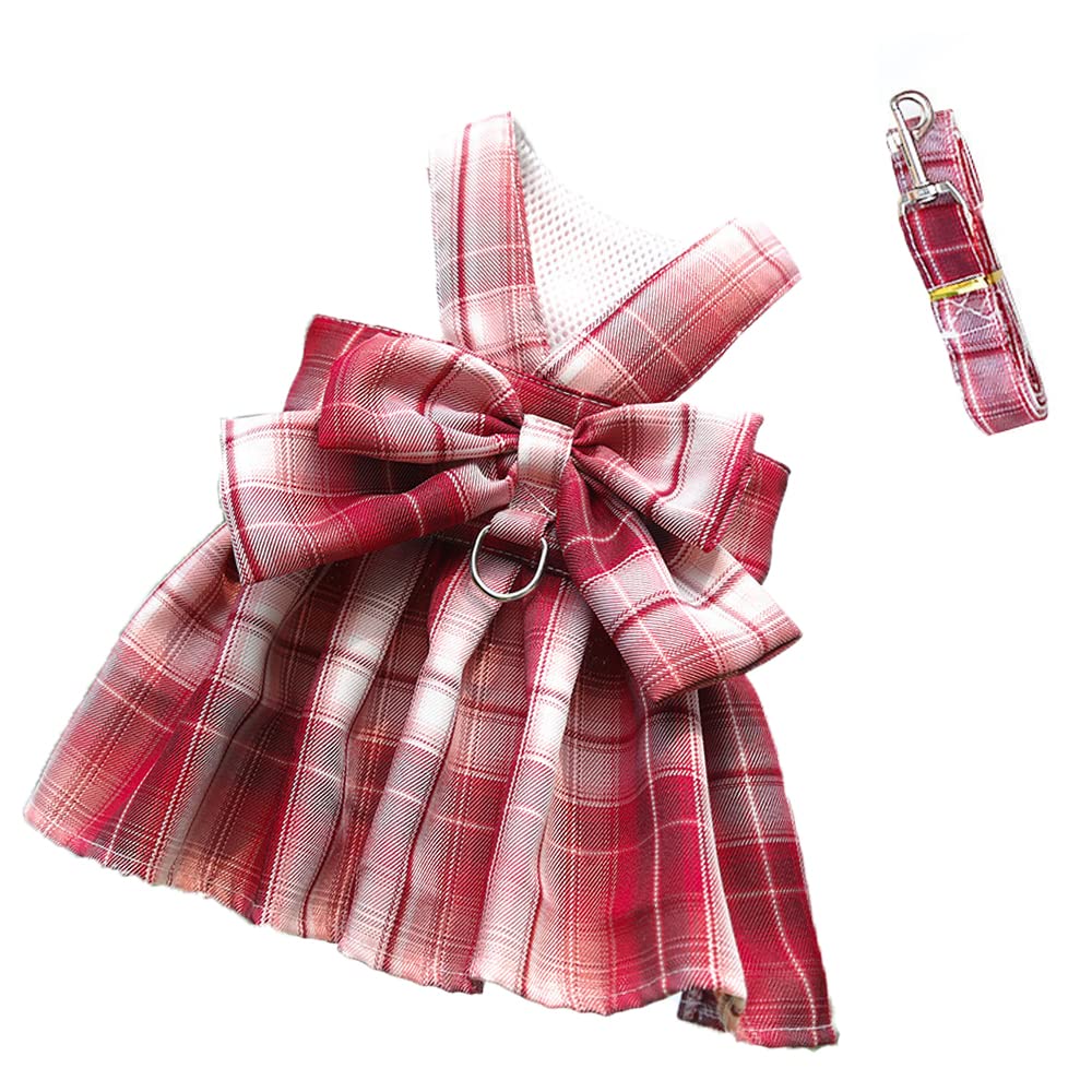 LtuzPet Plaid Dog Dress Bow Tie Harness Leash Set Princess Dog Wedding Dress Puppy Clothes Summer Dog Skirt for Small Medium Dogs Cats Girls