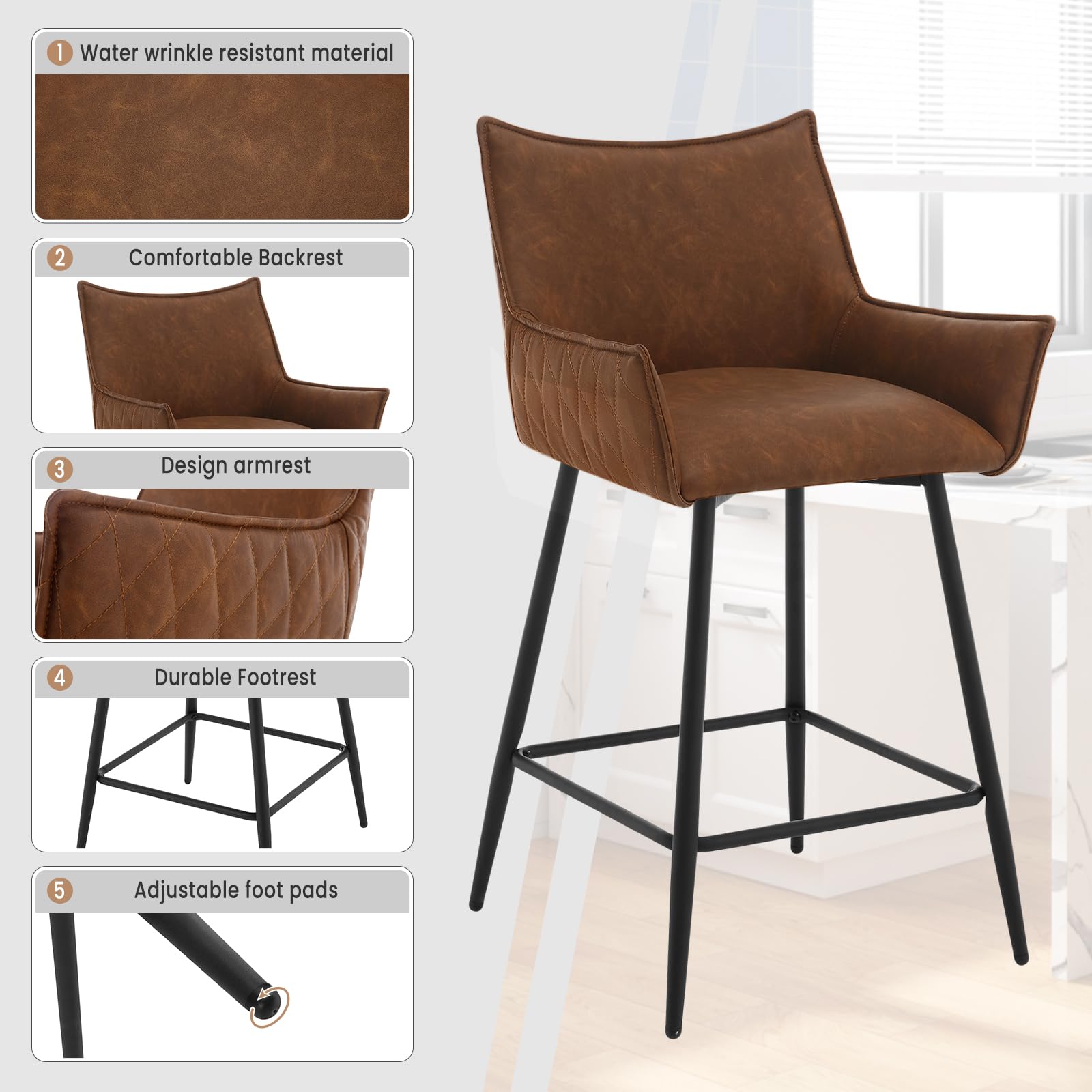WOLTU Juego de 6 Taburetes de Bar con Respaldo Asiento PU, Marrón | para Comedor, Salón y Cafetería