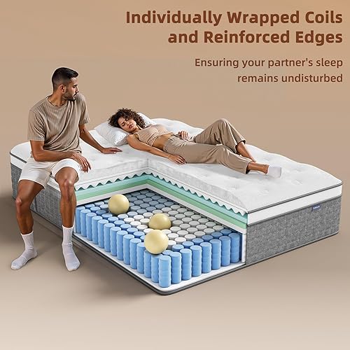 Miniatura 4 de Colchón tamaño King, colchones de firmeza media de 12 pulgadas con soporte extra lumbar y hombro, colchón híbrido King con espuma viscoelástica de