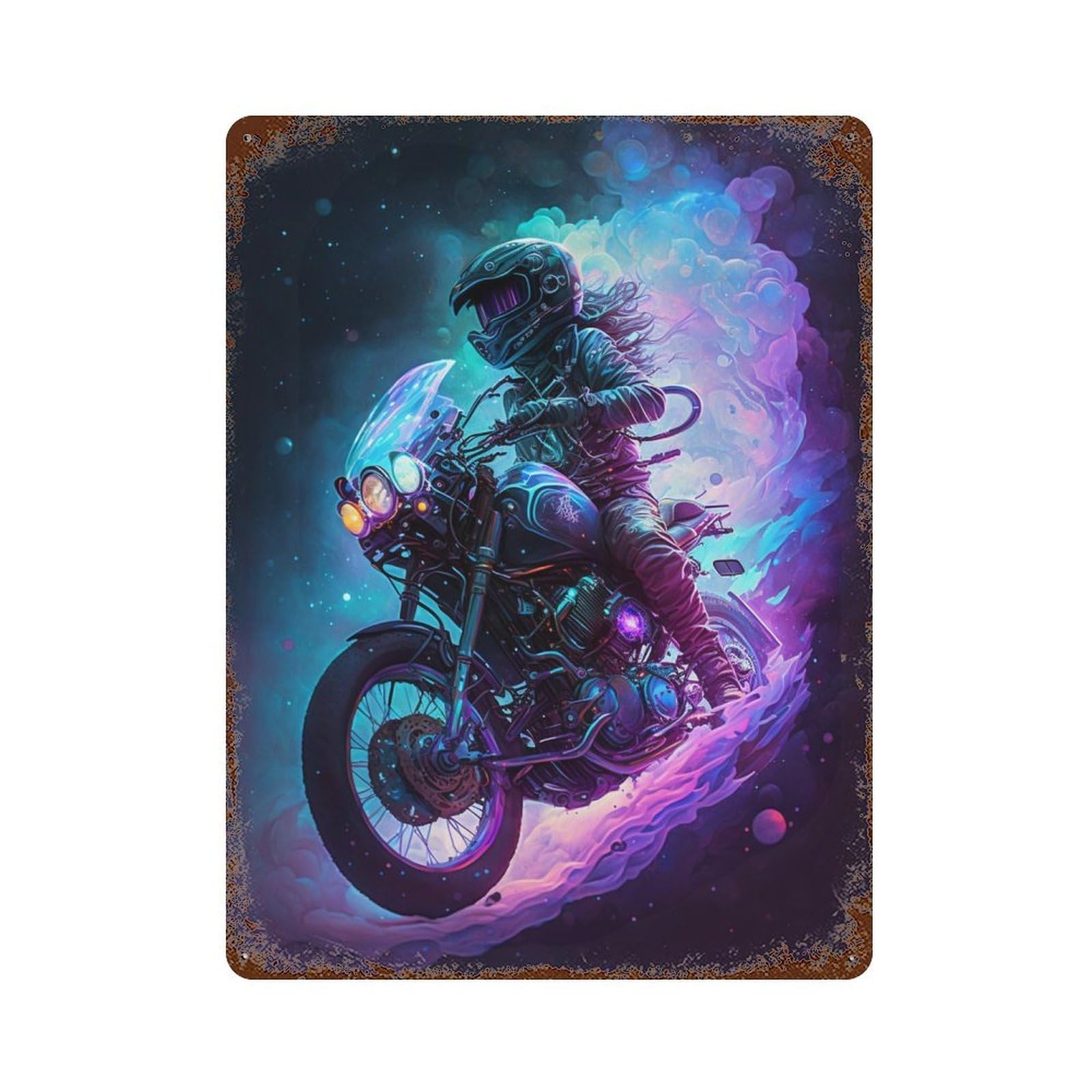 Motorcycle Rider in Neon Dreamscape Vintage Metal Tin Sign 15.7"x11.8", Rustic Home Decor for Garage, Bar And Workshop Decor