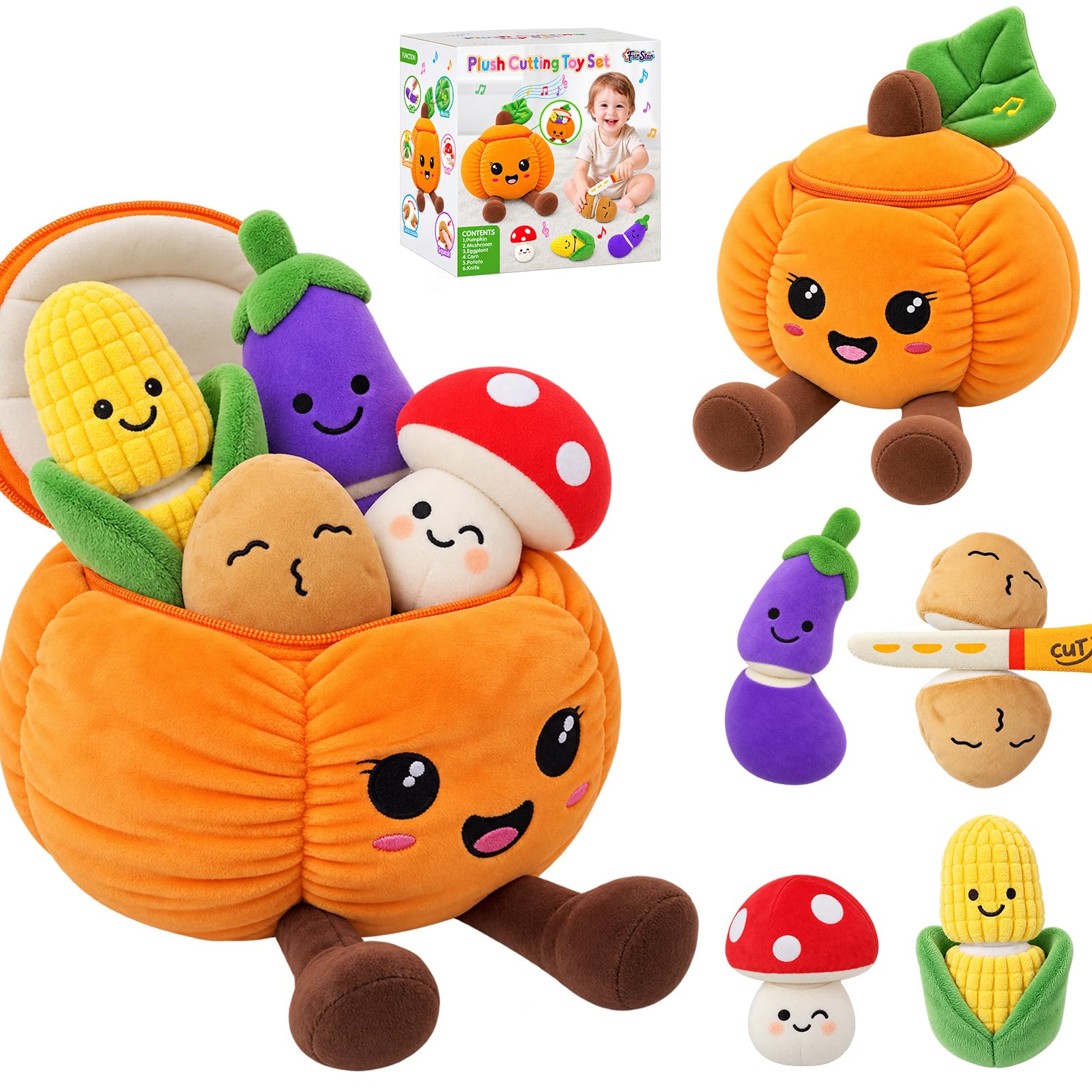 CozyBomB Baby Toys 6‑12 Months Montessori Sensory Vegetable Plush Toy, Soft Cutting Play Food Set with Music Pumpkin, Rattle, Squeaker, Crinkle, Fine Motor Educational Travel Gift for Boys & Girls