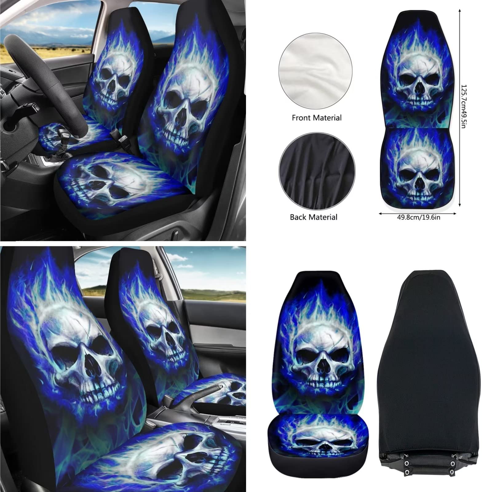 Dolyues Set completo di coprisedili con teschio e fiamma, con imbottitura di sicurezza per cintura di sicurezza/coprivolante/portachiavi/sottobicchiere/copribracciolo per consolle, 10 pezzi
