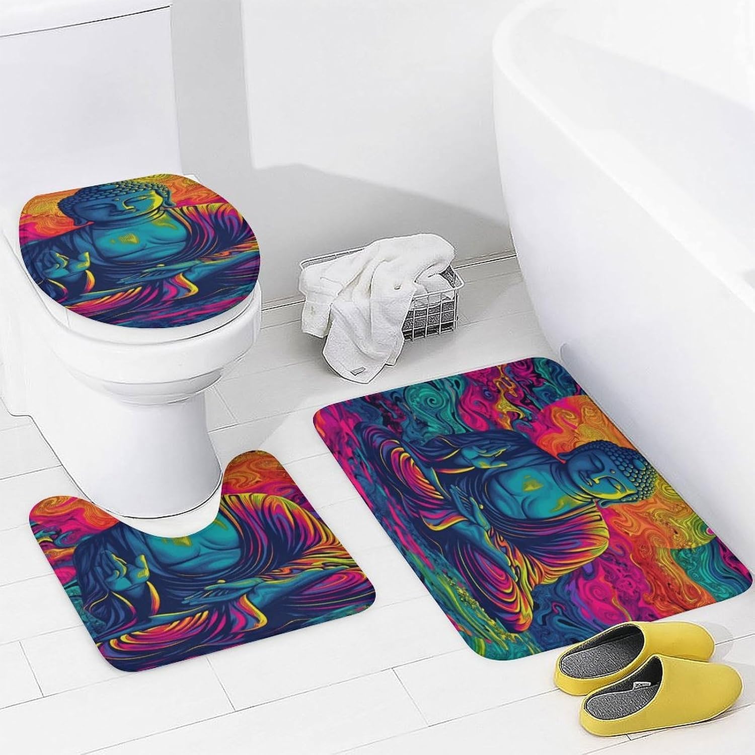 Meditation Psychedelic 4 PCS Bathroom Set with Shower Curtain Rugs, Ultra Soft Coral Fleece Bath Mat, U-Shaped Rug, Toilet Lid Cover, 72" X 72"