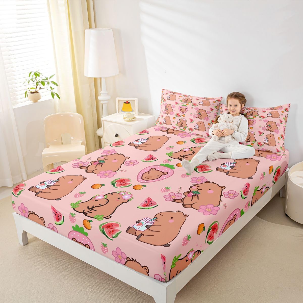 Capybara Lover Fitted Sheet, Capybara Decor Bedding Set Queen for Kids Girls Bedroom, Cartoon Rodent Animal Bed Sheets Capybara Decorations Watermelon Strawberry Sheets Kawaii Decor,Pink