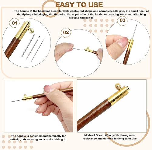 Miniatura 4 de 1 gancho de ganchillo de estilo francés con mango de madera con cuentas de bordado, con 3 piezas (0.028 in0.035 in0.039 in) cabezas de agujas
