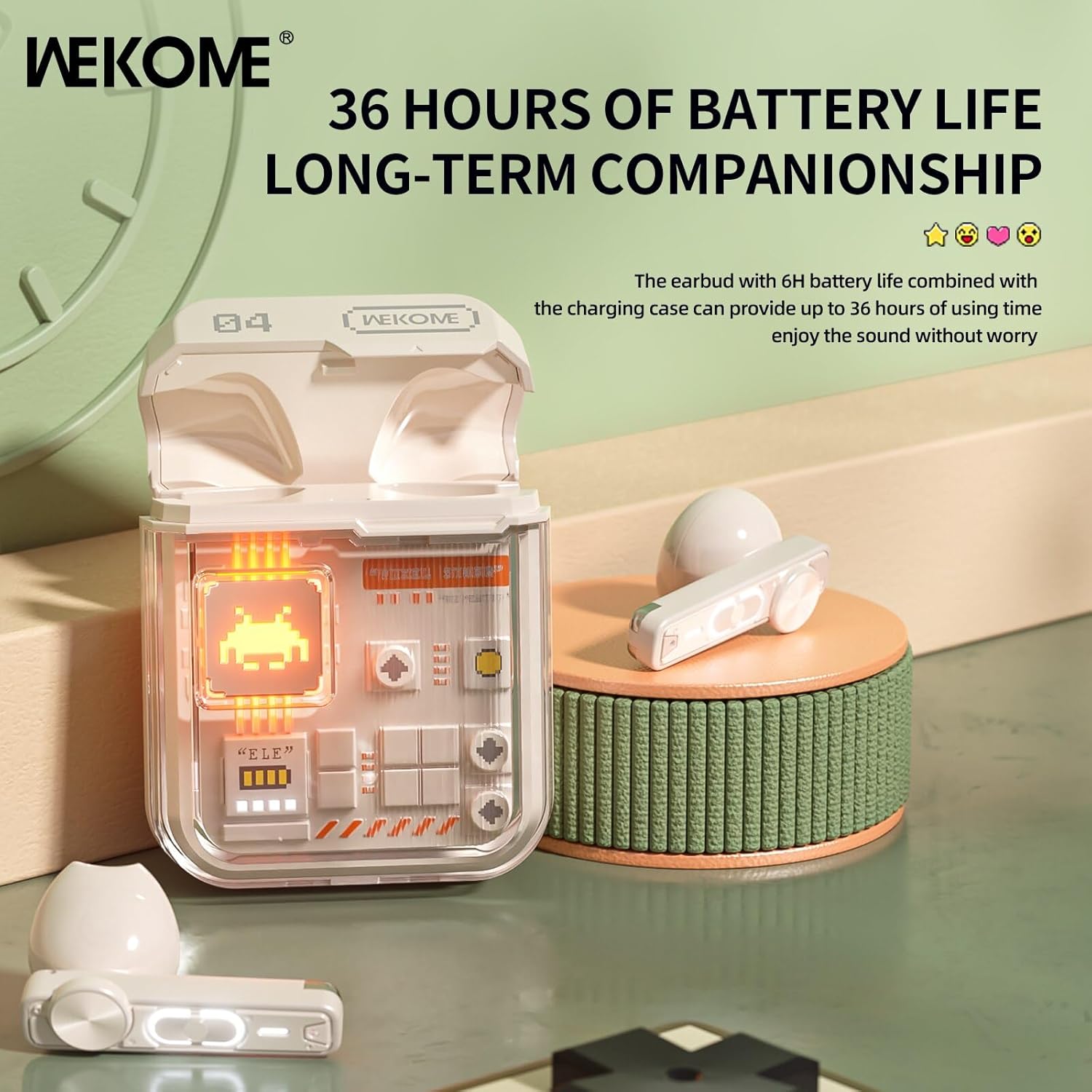 WEKOME Earbuds and Charging Case showing 36 hours battery life