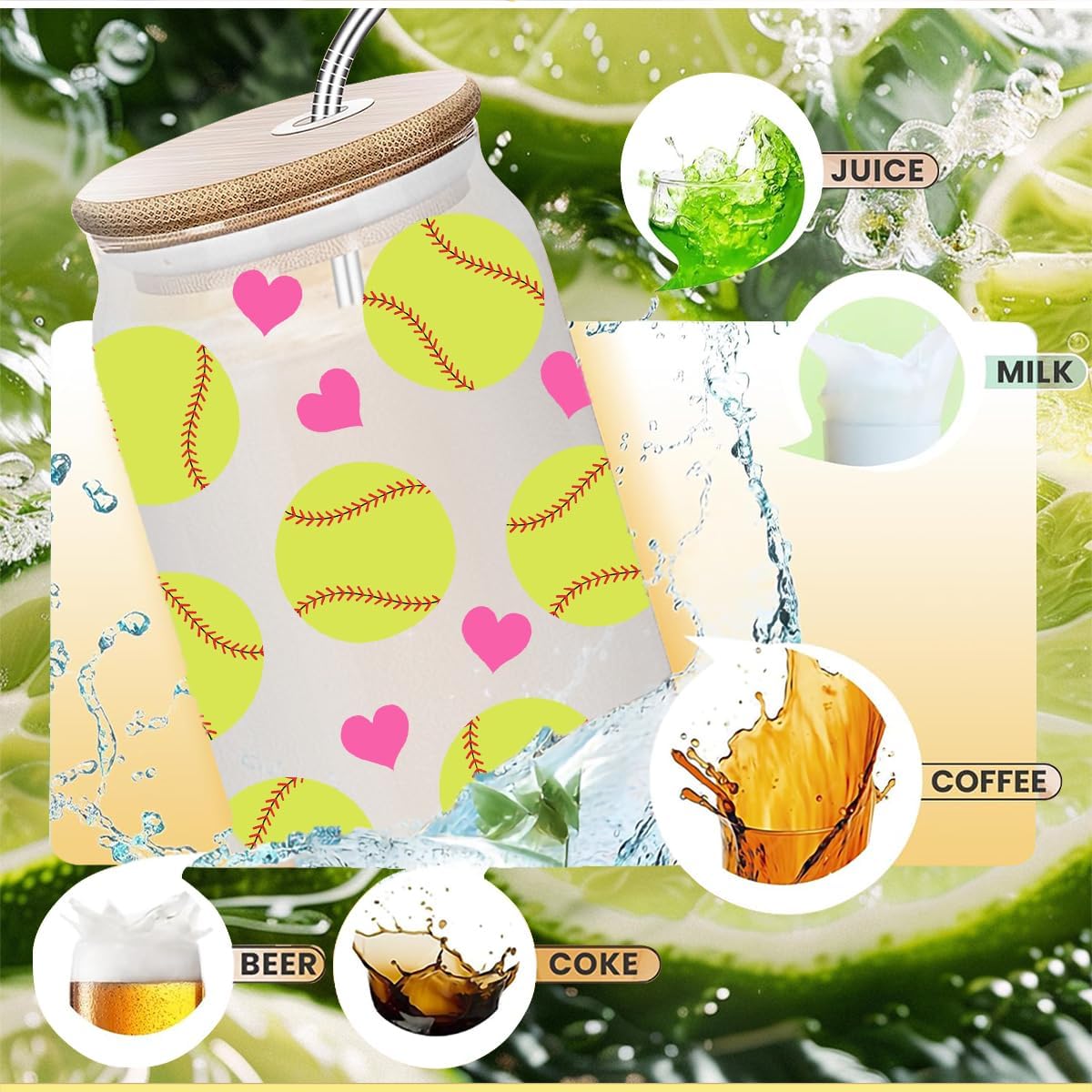 Softball Gifts, Iced Coffee Cup, Softball Party Favors, 16 oz Glass Cups with Lids Straws, Mothers Day Christmas Gifts for Women Mom Coach Players Teams, Softball Accessories for Girls, Softball Stuff - Image 4