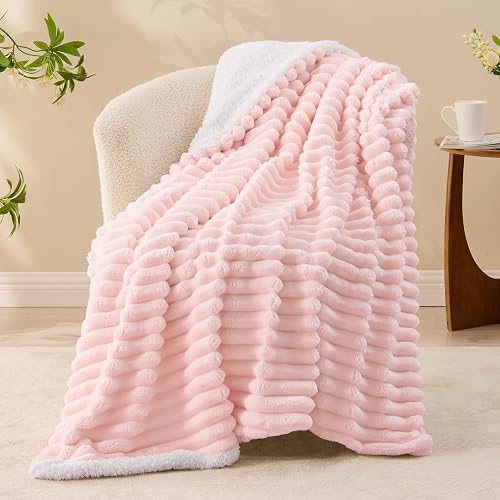 INFIIXSO Striped Sherpa Throw Blanket for Couch, Warm Plush, Pink, 60x80