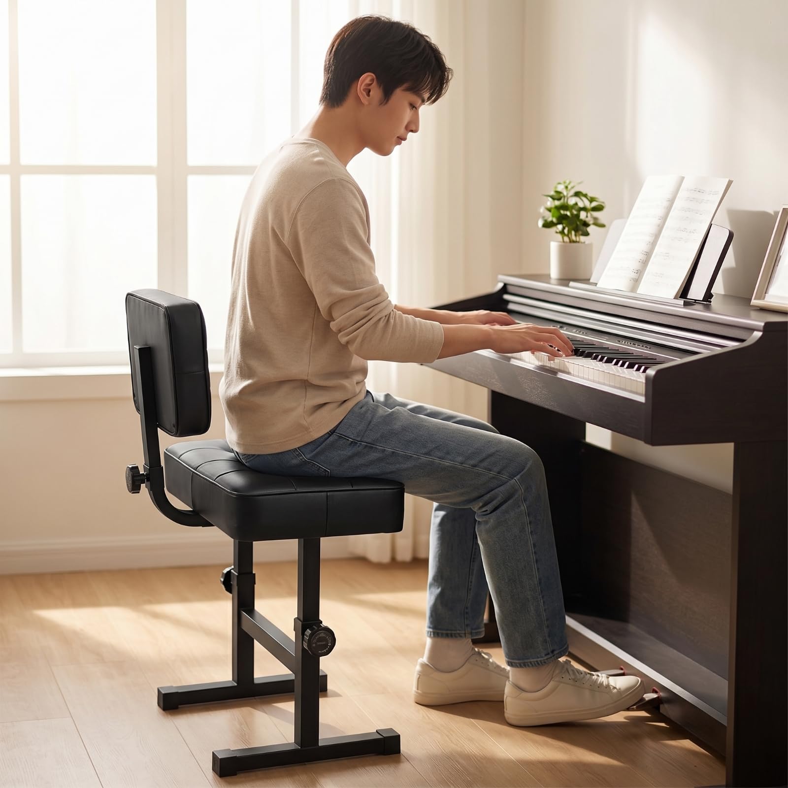 Altura Regulable Tapizado Capitoné Silla Piano Acolchada Banqueta Pianista con Respaldo Banco Piano con Respaldo para Tecladistas